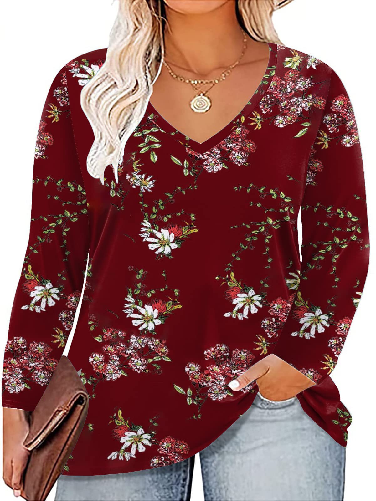 ROSRISS Plus Size Women's Long Sleeve V-Neck Tunic Tops - Solid Color Blouse & Casual Tee Shirts for Work, Office & Everyday Wear