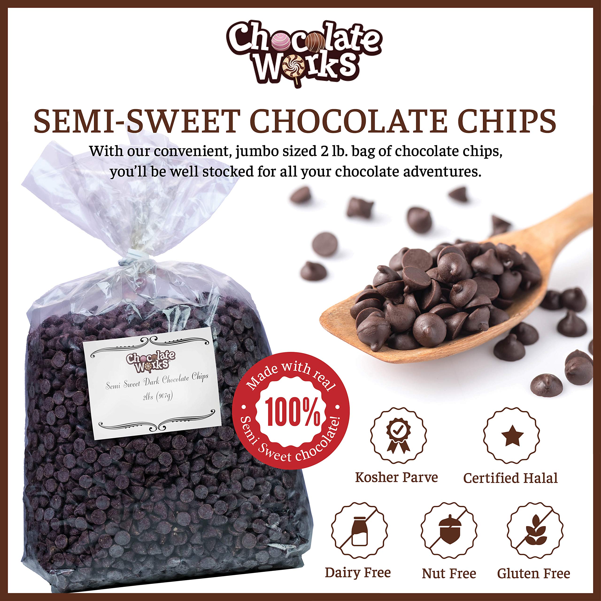 Semi-Sweet Mini Chocolate Chips by Chocolate Works | 2 LB Bulk Pack | Dairy-Free, Vegan, Kosher & Halal Certified Baking Chocolate | Perfect for Cookies, Cakes, Muffins & Dessert Decorations
