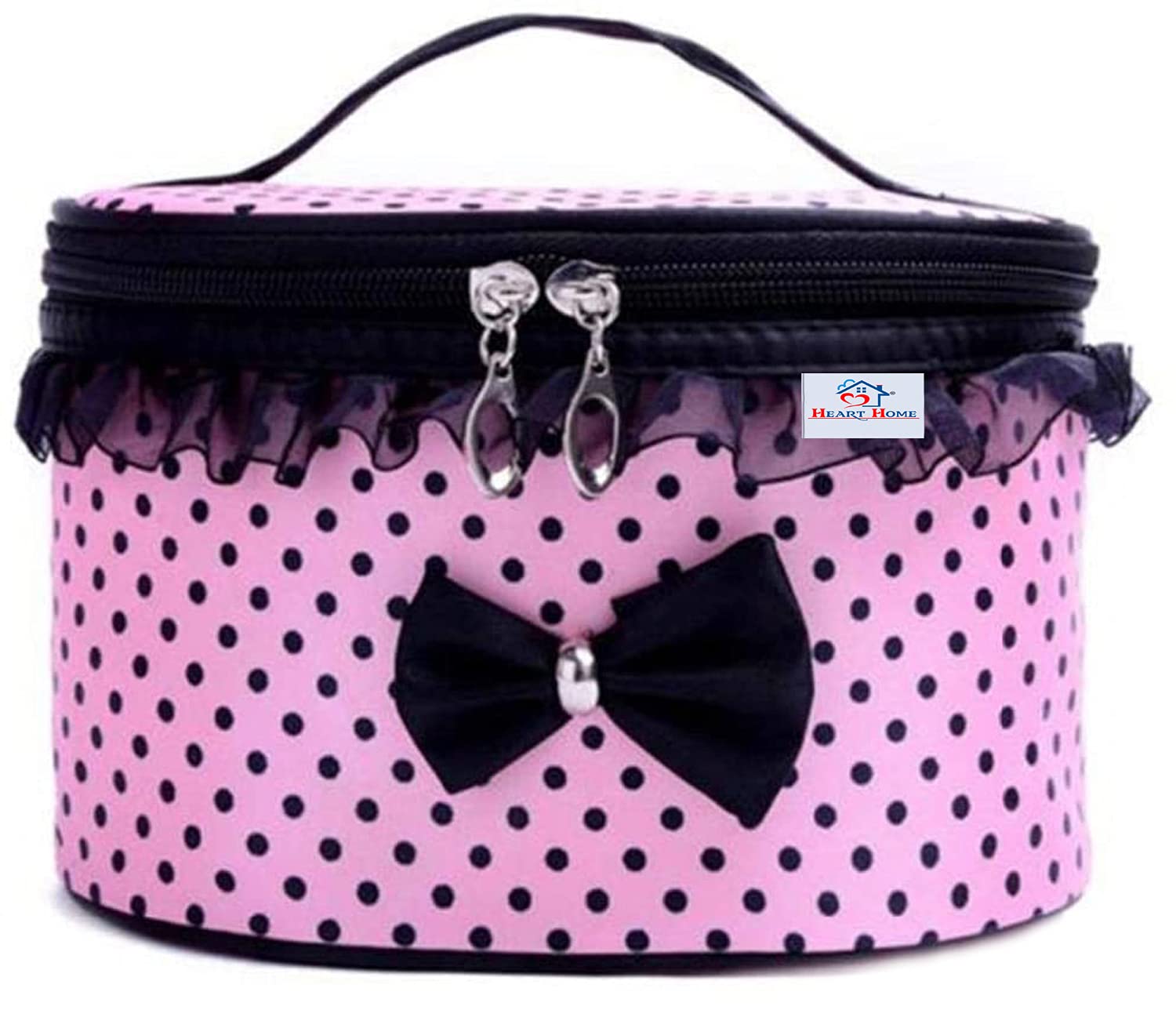 Kuber Industries Dot Printed Makeup Bag - Waterproof Travel Toiletry Case & Cosmetic Organizer with Top Handle & Small Mirror (Pink & Red) - Perfect for Travel, Gym, and Daily Makeup Storage