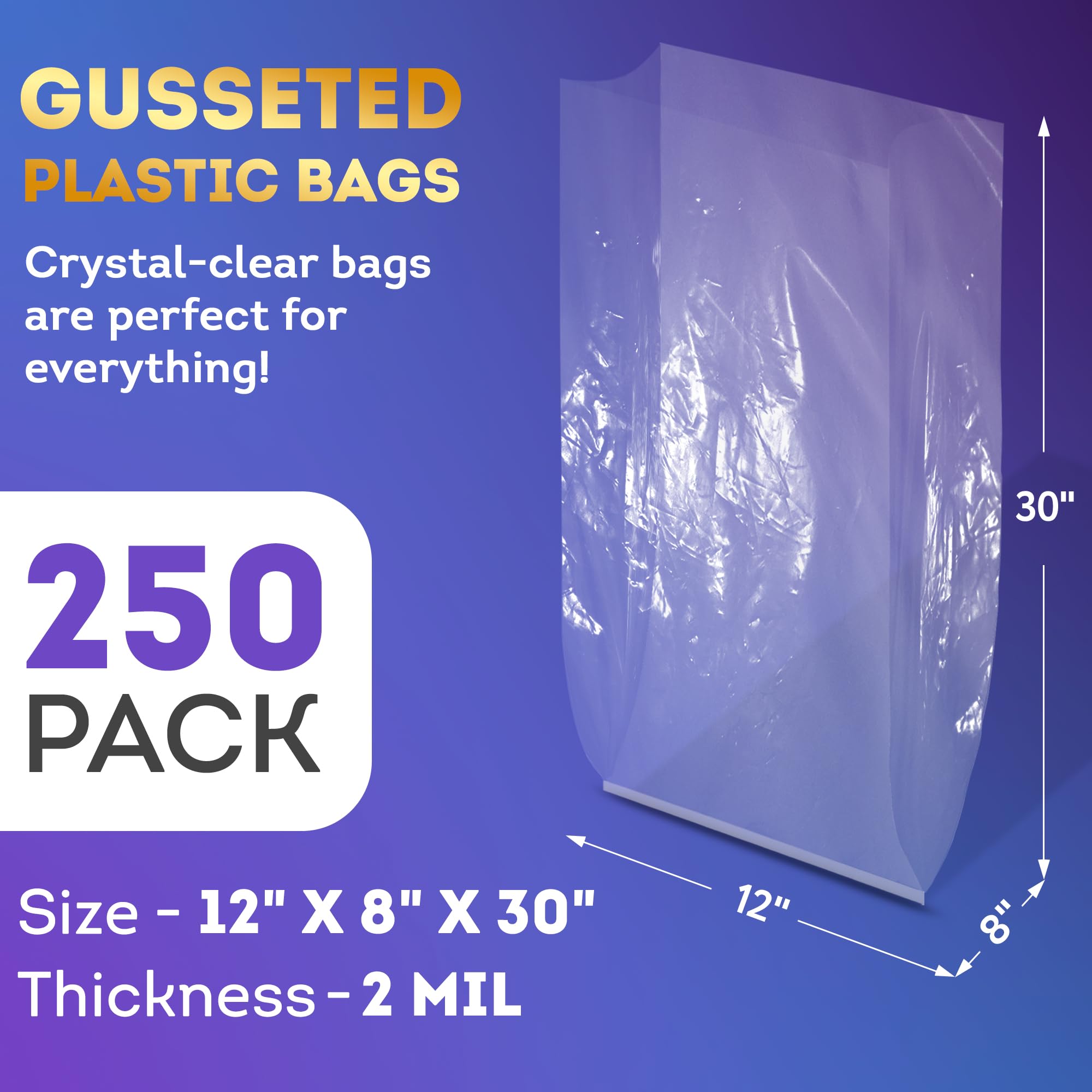 APQ Clear Gusseted Poly Bags 12x8x30 Inches - 250 Pack Waterproof Flat Bottom Plastic Bags with Open Top - 2 Mil Thick Clear Packaging Bags for Popcorn, Cookies, Bread - Perfect for Party Favors, Bakery Storage & Retail Packaging