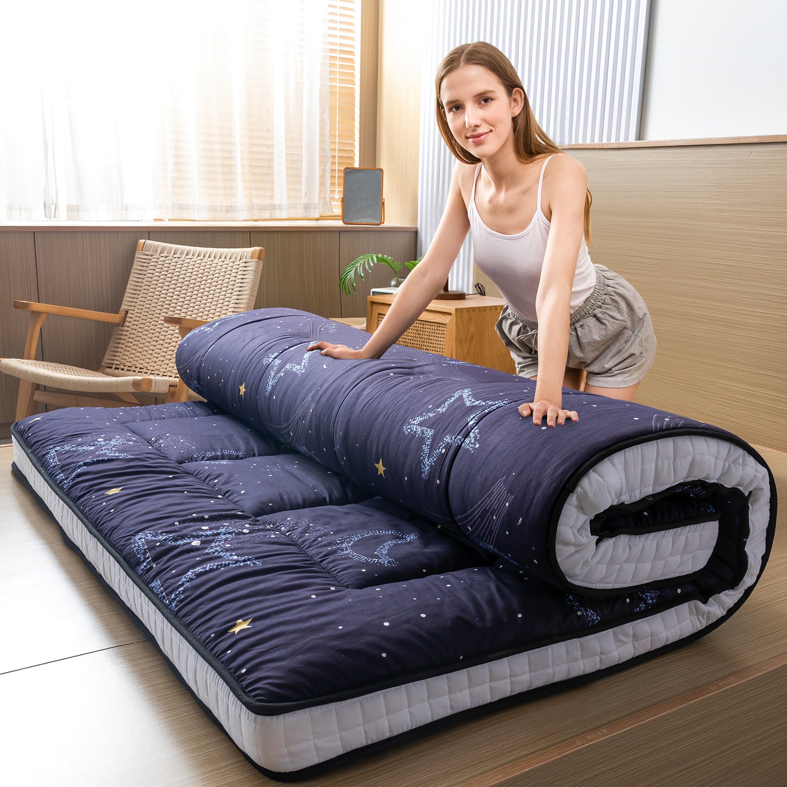 MAXYOYO Japanese Futon Mattress - Thick Padded Floor Mattress for Camping, Guest Bed & Couch | Portable Tatami Style Sleeping Mat for Indoor/Outdoor Use