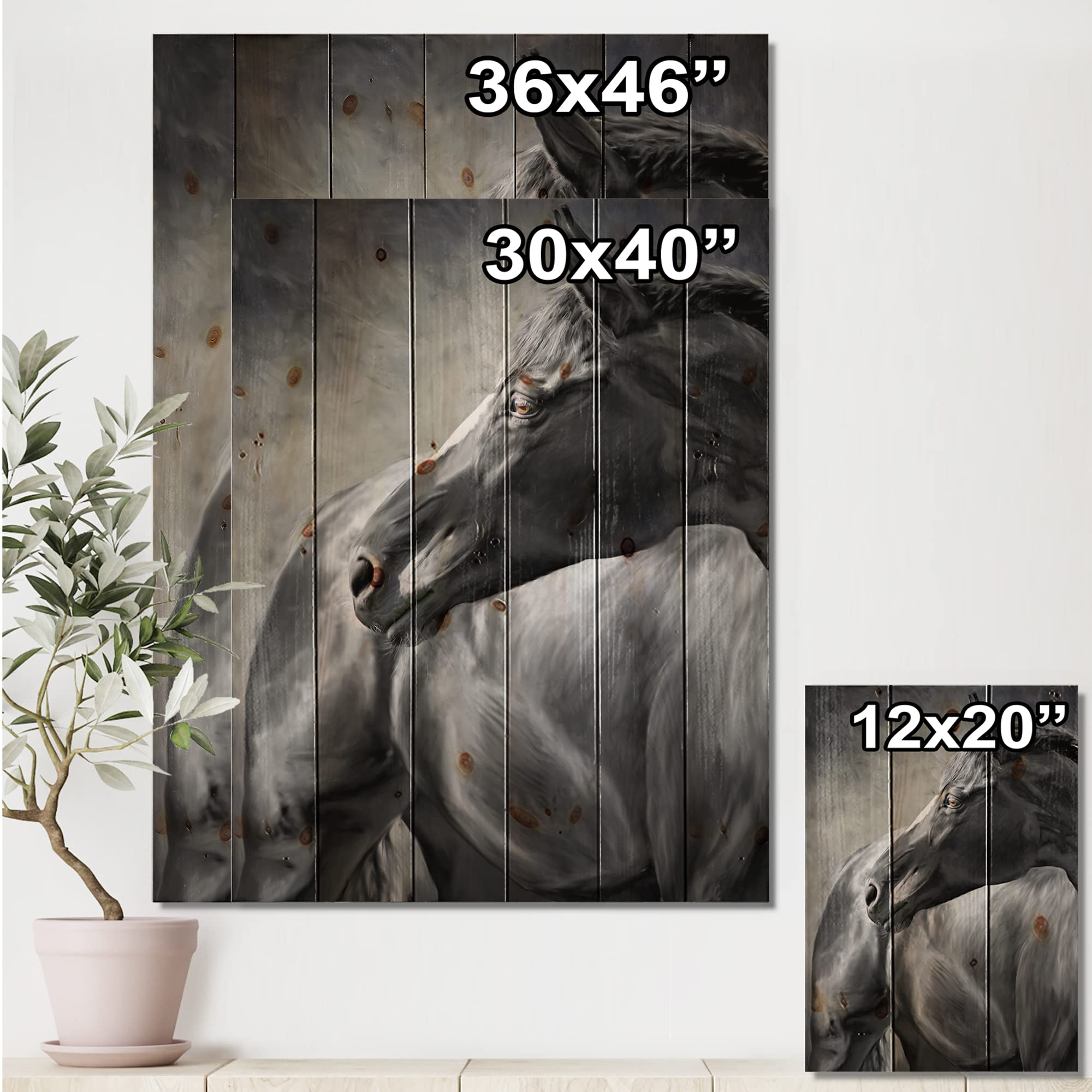 DesignQ Black Horse Portrait Farmhouse Wood Wall Decor - Large Animal Wall Art Panel Printed on Natural Pine Wood - Perfect for Living Room, Bedroom & Rustic Home Decor