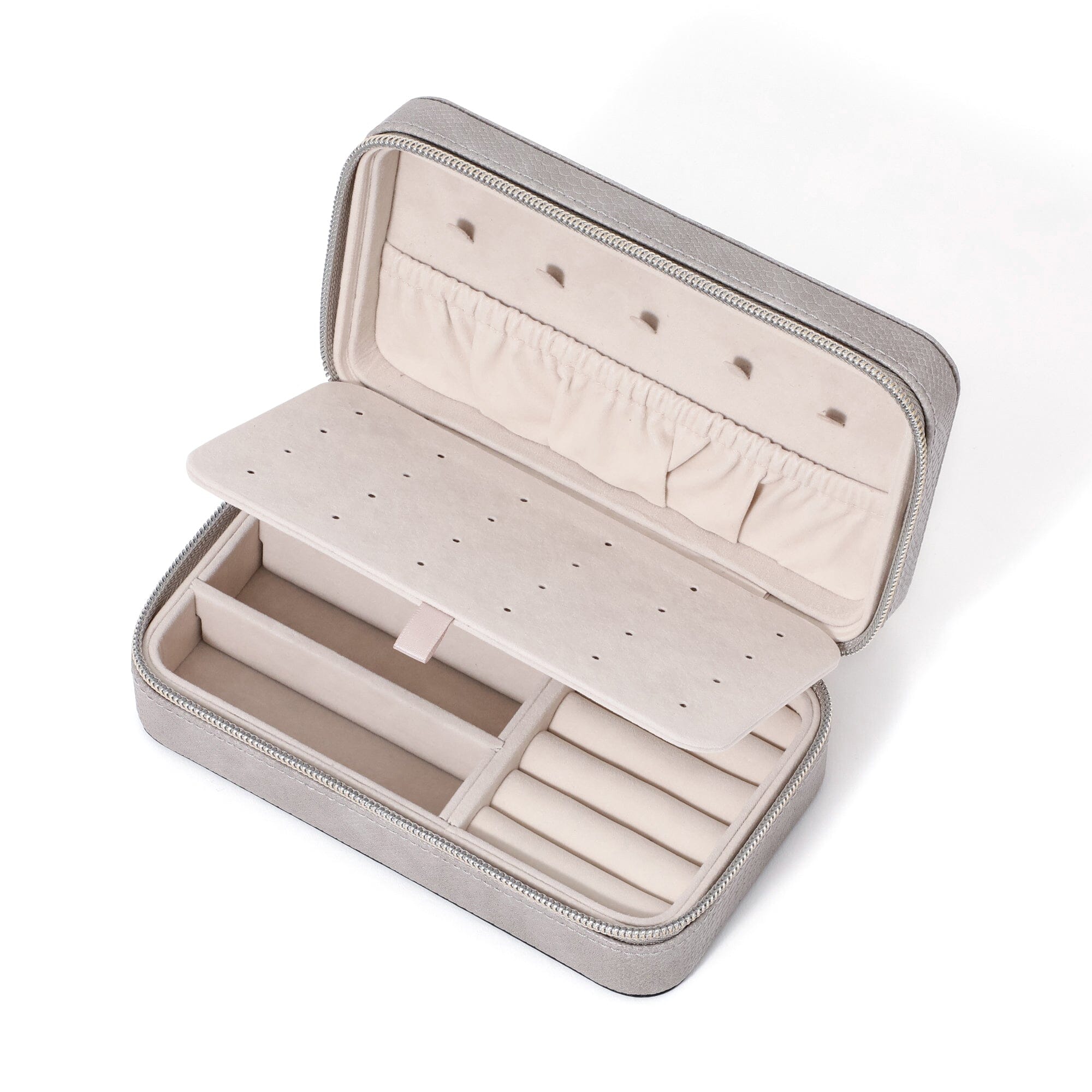 Flavia Travel Jewelry Box - Compact Organizer for Necklaces, Rings & Earrings - Perfect for Vacation, Business Trips & Gifts (M, Grey)