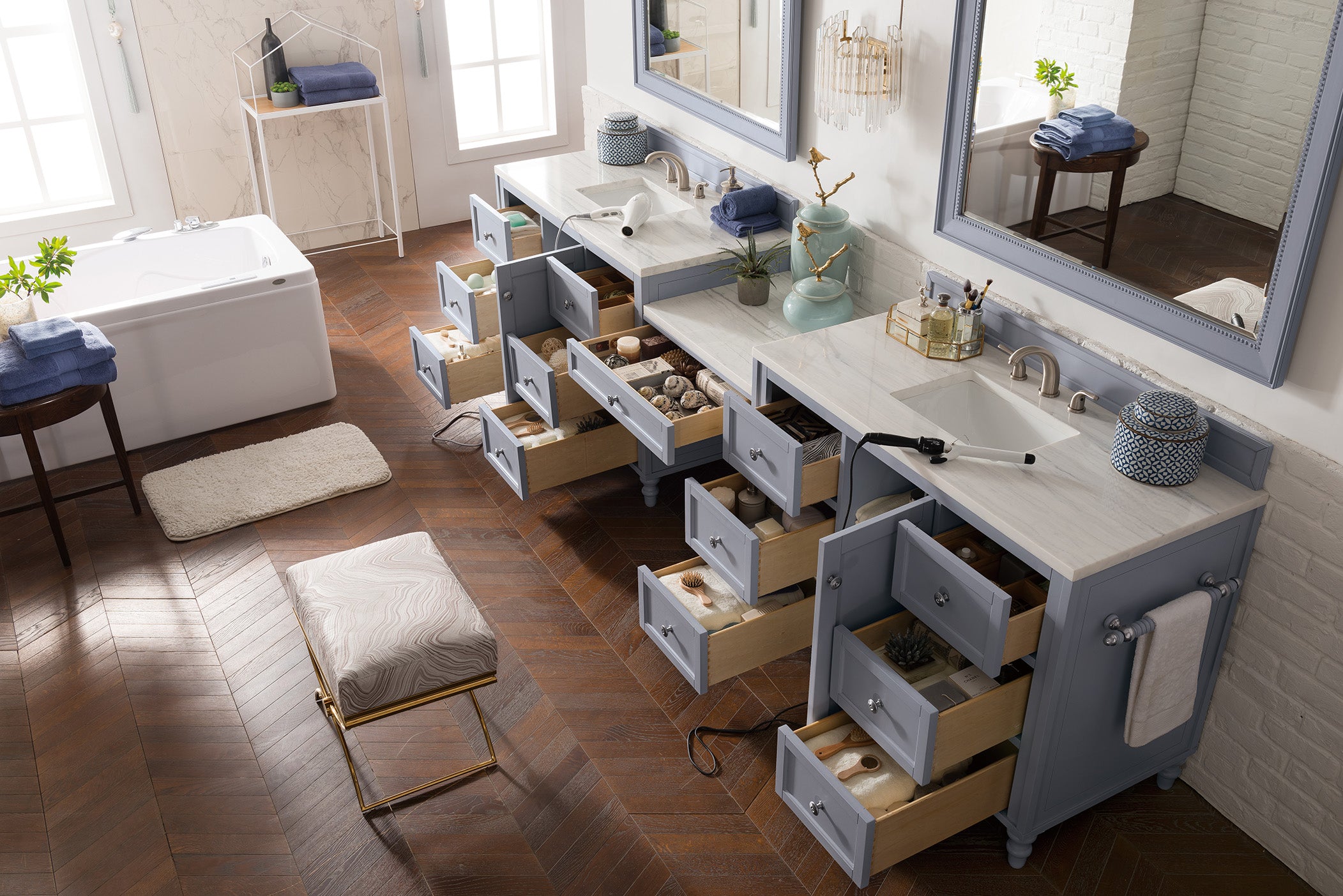 Copper Cove Encore 122 Double Vanity Set with Makeup Table - Silver Gray Finish, 3CM Arctic Fall Solid Surface Top - Perfect for Master Bathroom & Luxury Home Renovation