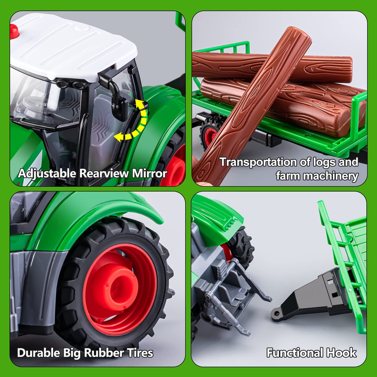 1/24 Scale Remote Control Tractor Toy with Log Trailer - Best Gift for 4-7 Year Old Boys | Kids Farm Vehicle Toy for Indoor & Outdoor Play | Birthday & Christmas Present for Toddlers