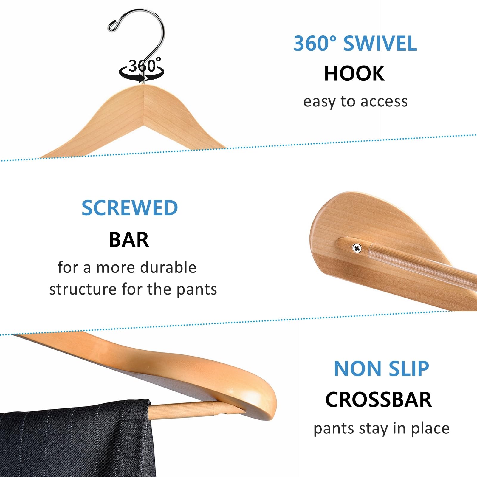 Premium 6-Pack Solid Wood Wide Shoulder Suit Hangers with Non-Slip Pants Bar - Natural Finish for Jackets, Sweaters & Heavy Clothes - Perfect for Closet Organization & Luxury Wardrobe Storage