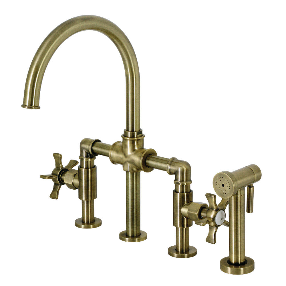 Industrial Style Bridge Kitchen Faucet with Brass Sprayer - Vintage Brass Pull Down Sprayer Faucet for Farmhouse & Modern Kitchens | Perfect for Cooking, Washing Dishes & Food Prep