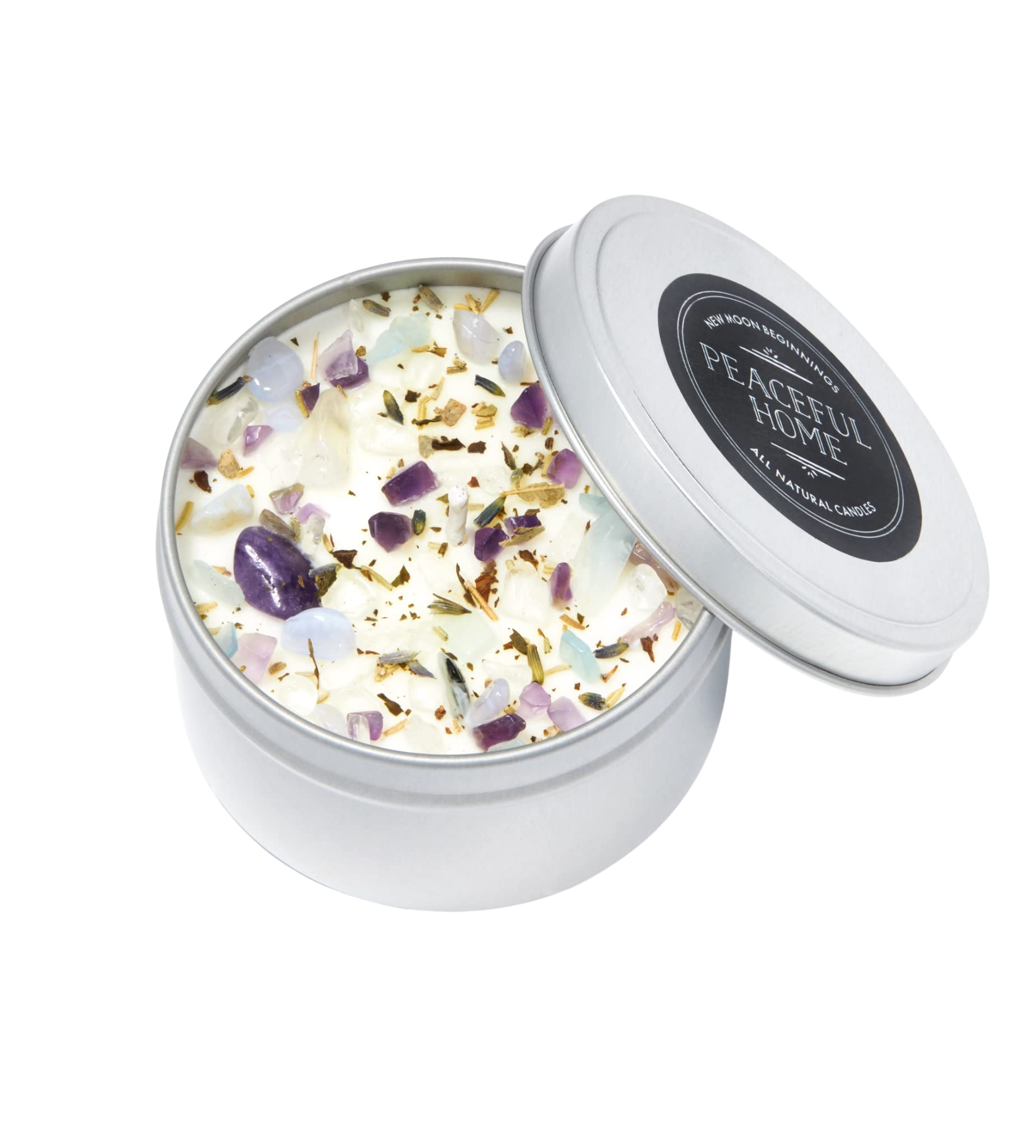 New Moon Beginnings Peaceful Home® Soy Candle - Stress Relief & Energy Clearing with Natural Essential Oils & Crystals - 8oz Tin Candle for Relaxation, Meditation & Home Decor