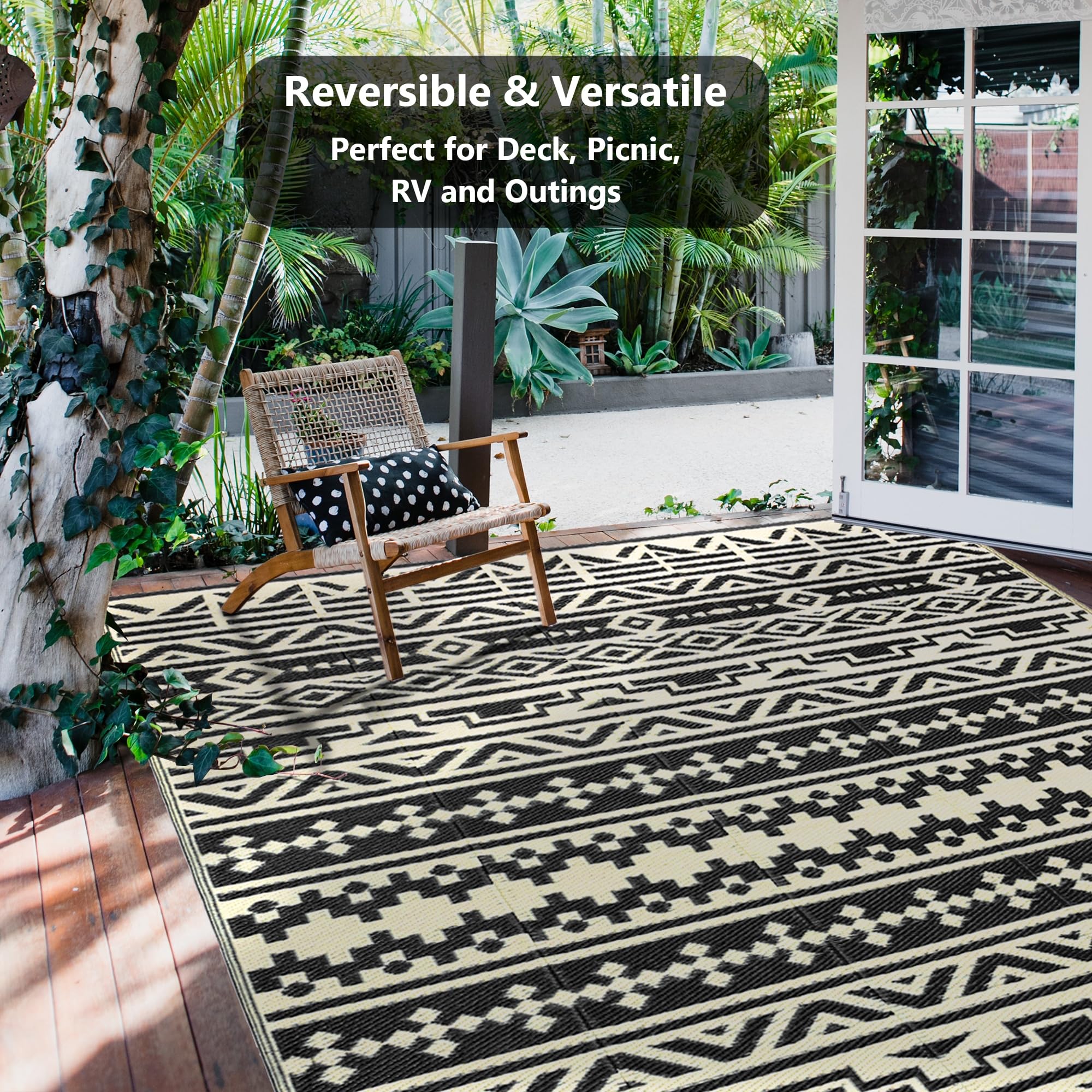 Waterproof Reversible Outdoor Plastic Straw Rug 5x8ft - Geometric Boho Black & Brown - Perfect for Patio, Camping, Balcony, RV, Picnic & Beach - Durable All-Weather Area Rug for Outdoor Decor