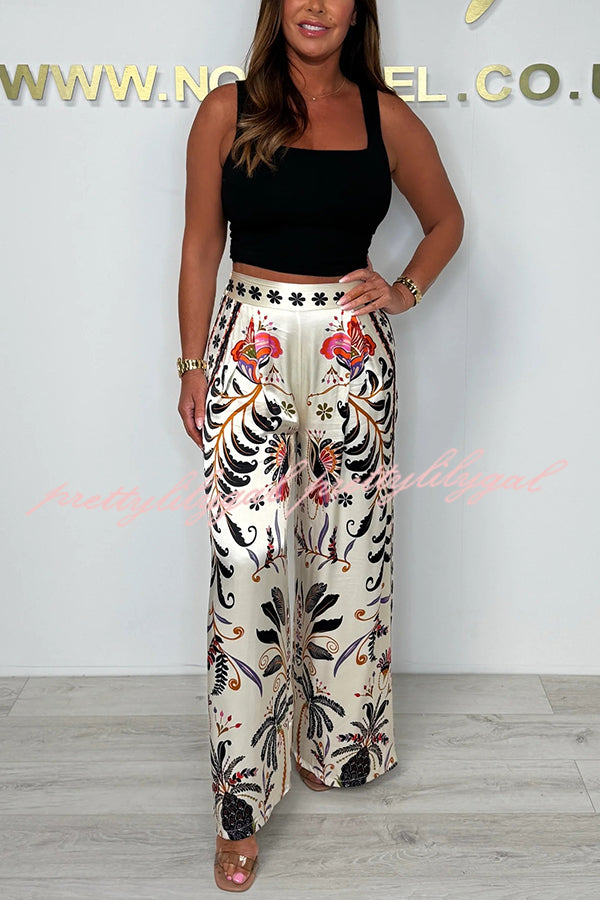 Stylish Satin Plant Print Elastic Waist Wide Leg Pants for Women - Comfortable Loose Fit Lounge & Casual Wear