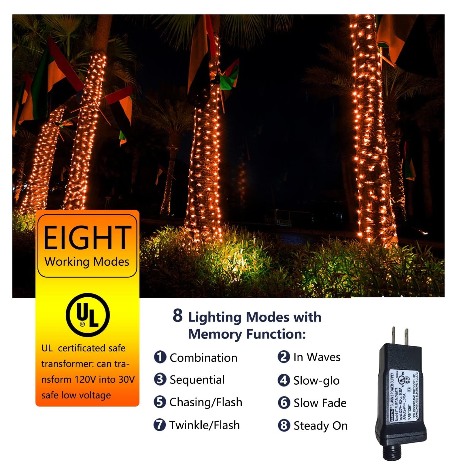 Orange Halloween String Lights - 200 LED 66ft Outdoor/Indoor Connectable Lights with 8 Modes | UL Certified Waterproof Fairy Lights for Home, Garden, Porch, Party Decor | Perfect for Halloween, Thanksgiving & Christmas Celebrations