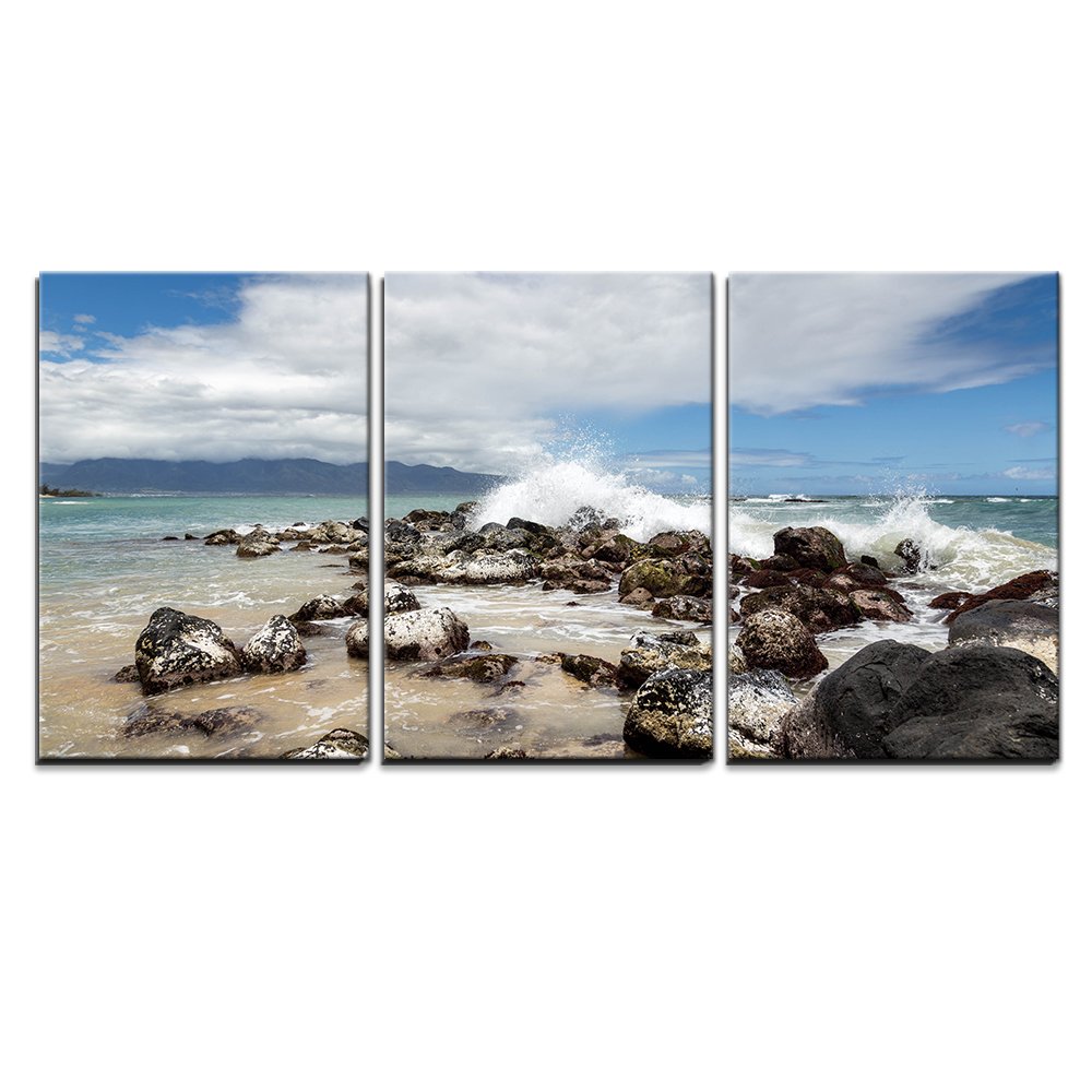 Wall26 - 3 Piece Canvas Wall Art Set - Coastal Landscape Painting with Rocks & Ocean Waves, Stretched Framed Ready to Hang (24x36 Inches, 3 Panels) - Modern Beach Themed Home Decor for Living Room, Bedroom or Office