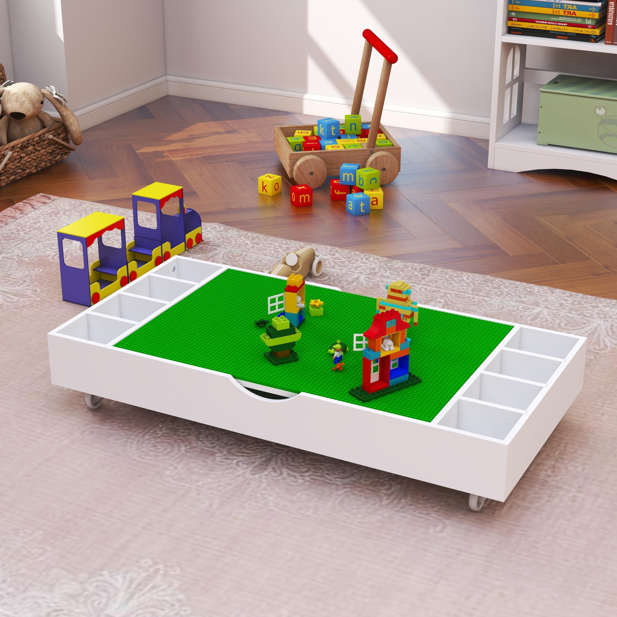 2-in-1 Wooden Kids Activity Table with Storage & Wheels - Play Table with Block Board, Rolling Construction Game Table - Fits Under Sofa (White) - Perfect for Playrooms, Daycares & Small Spaces