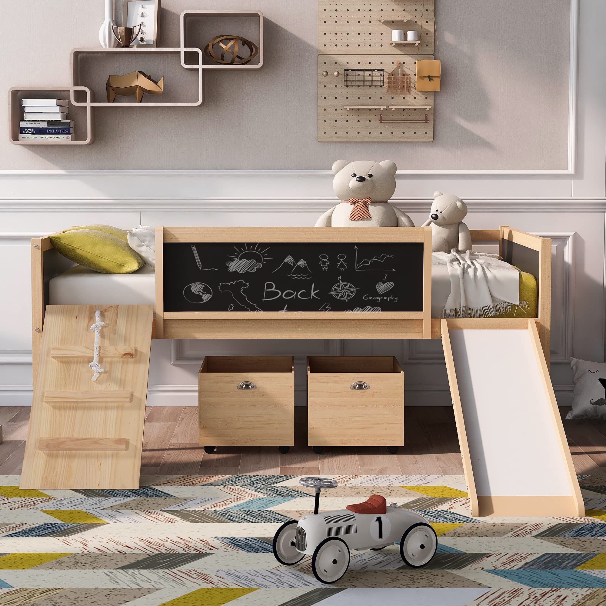 Merax Wooden Loft Bed with Storage, Climbing Ladder & Slide - Kids Play & Study Bed with Double-Sided Chalkboard - Space-Saving Twin Bed for Small Rooms - Perfect for Playrooms, Bedrooms & Homeschooling