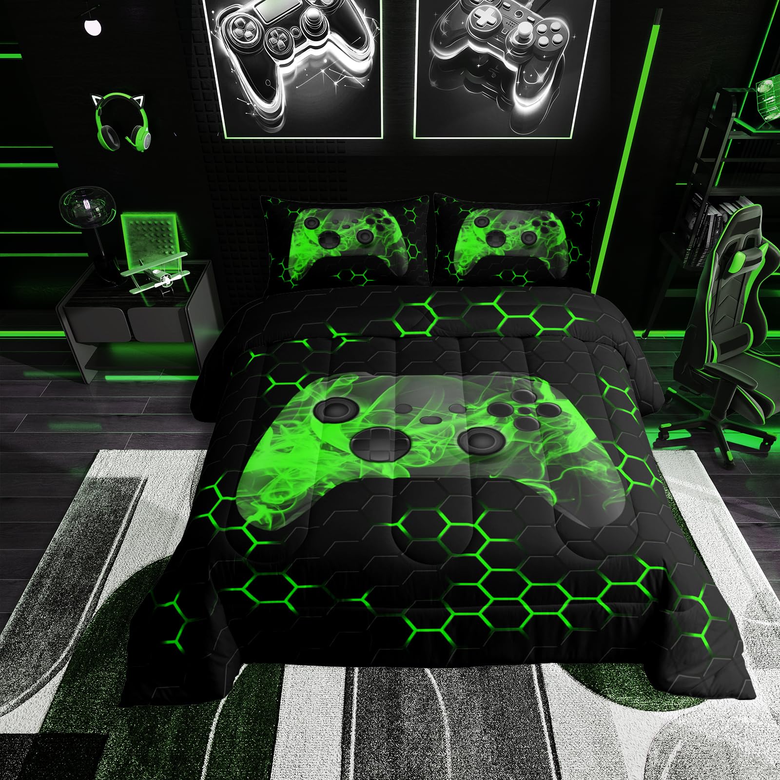 Erosebridal Geometric Honeycomb Hexagon Gaming Comforter Set - Full Size Cool Video Game Bedding for Boys & Teens - Green & Black Gamepad Duvet Set for Game Room Decor | Perfect for Gaming Enthusiasts & Bedroom Makeovers