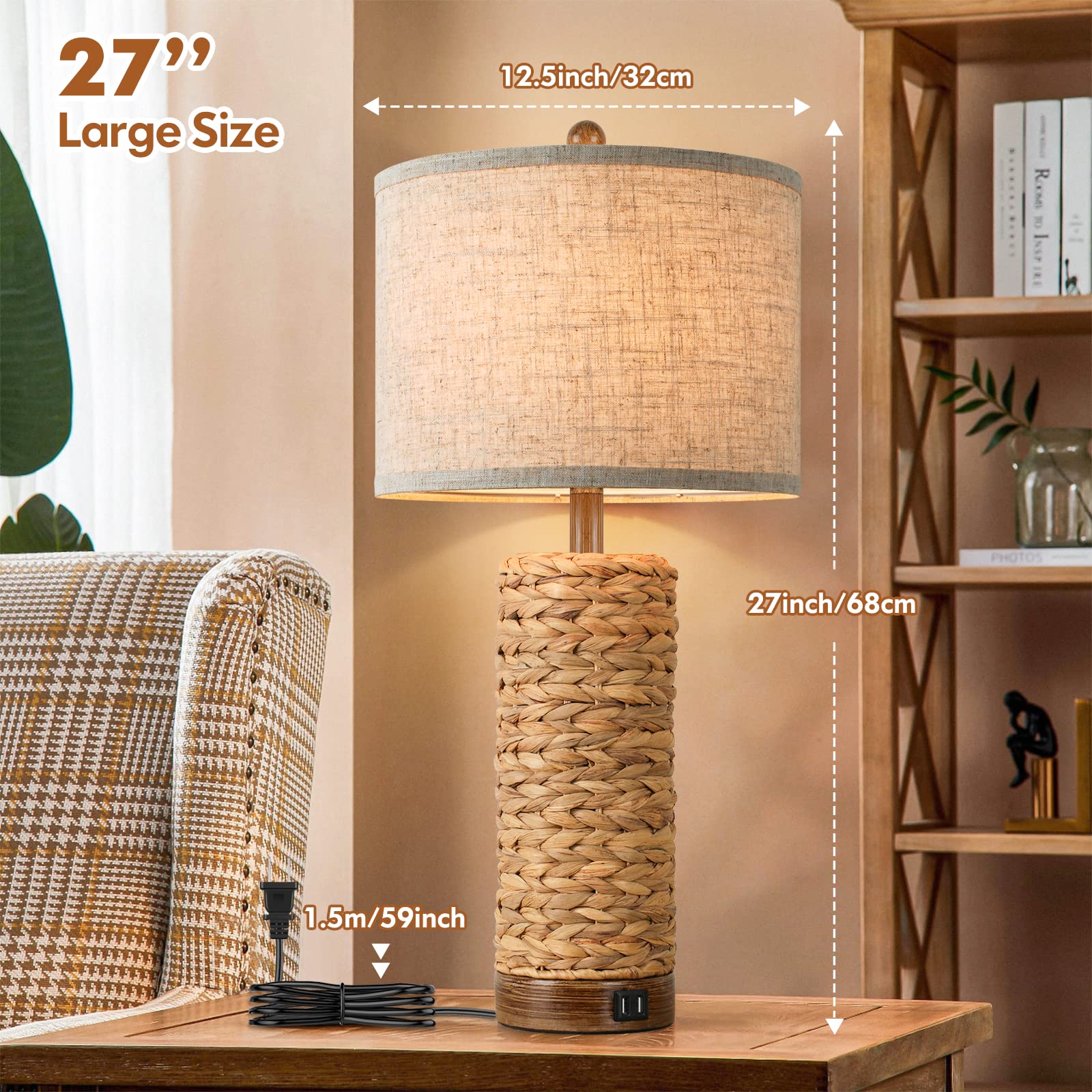 Set of 2 Rattan Table Lamps with 2 USB Ports - 27