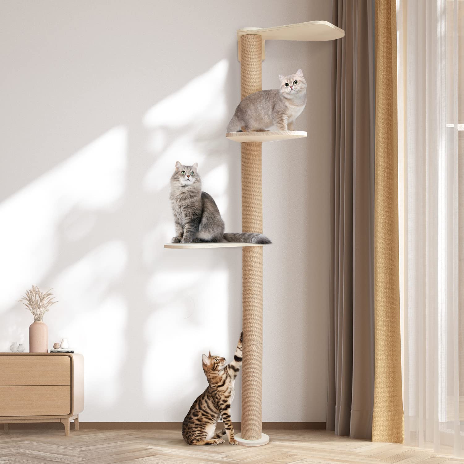 Adjustable Wooden Cat Tower Floor to Ceiling - 3-Tier Cat Tree with Natural Sisal Rope, Tall Cat Scratching Post for Climbing & Play - Perfect for Small Spaces & Multi-Cat Homes
