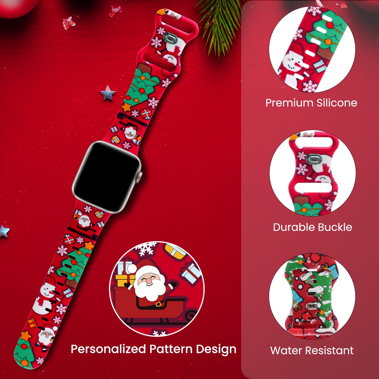 Christmas Silicone Watch Bands Compatible with Apple Watch 38mm 40mm 41mm 42mm 44mm 45mm 49mm - Soft Printed Wristband for iWatch Series 9/8/SE/7/6/5/4/3/2/1/Ultra - Holiday Gift for Women & Men - Perfect for Workouts, Daily Wear & Christmas Festivities