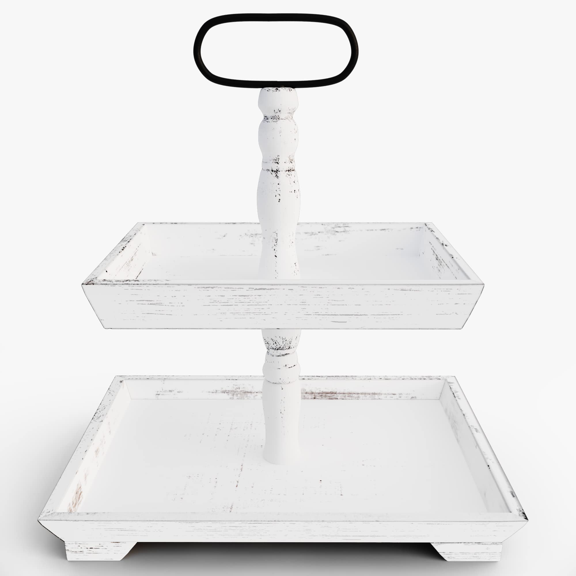 White Wooden Two-Tier Tray Stand - Farmhouse Style Tiered Serving Tray for Kitchen Counter, Dining Table, or Coffee Table Decor - Rustic Home Decor for Parties, Weddings, and Holiday Display