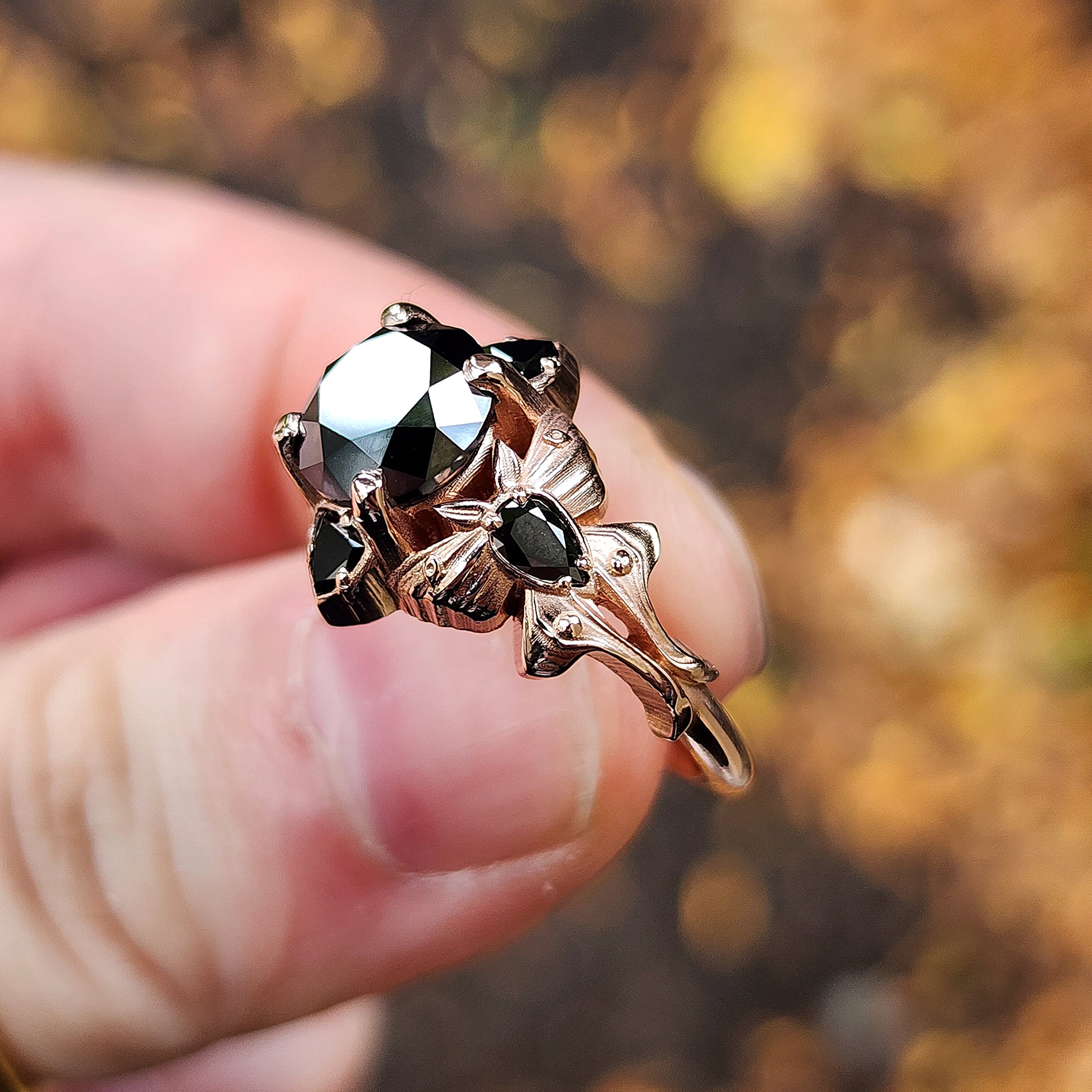 Luna Goth Moth Engagement Ring with Black Diamonds - Nature Inspired Bug Wedding Ring for Alternative Brides | Fine Jewelry for Dark Romance & Gothic Weddings