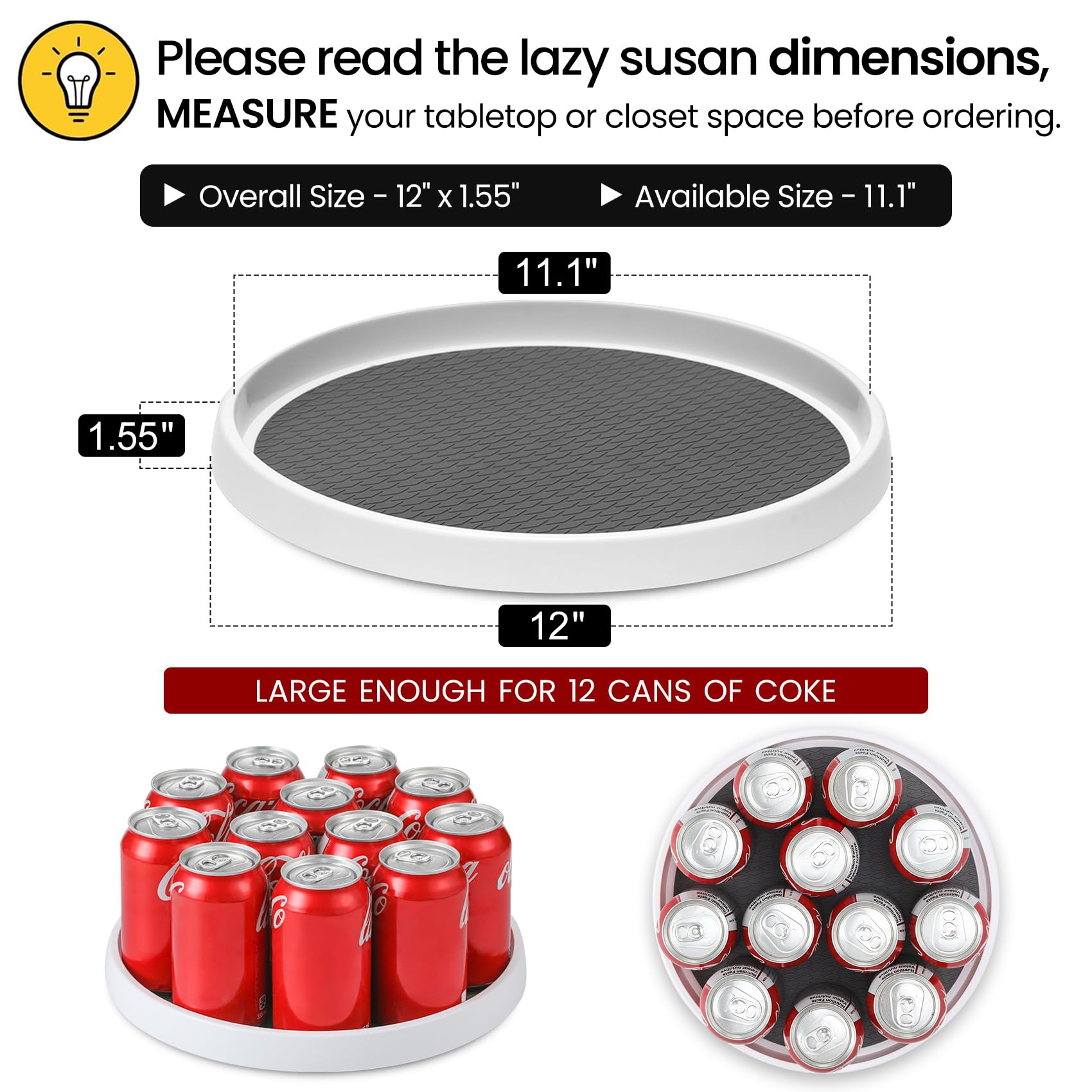 12-Inch Non-Skid Lazy Susan Turntable Organizer [4 Pack] - 360° Rotating Spice Rack for Kitchen, Pantry, Fridge & Bathroom Storage - Perfect for Cabinet, Countertop, Under Sink & Vanity Organization (Black) - Ideal for Spices, Makeup & Household Items