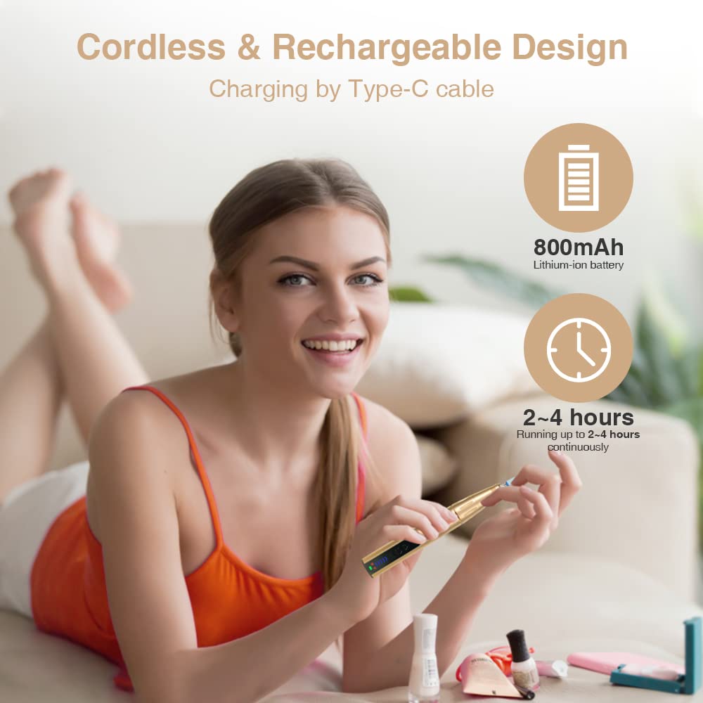 Professional 30000RPM Rechargeable Nail Drill Kit for Acrylic & Gel Nails - 18K Gold Electric Nail File with 8 Bits | At-Home Manicures, Salon Quality Nail Art, DIY Nail Extensions & Pedicures