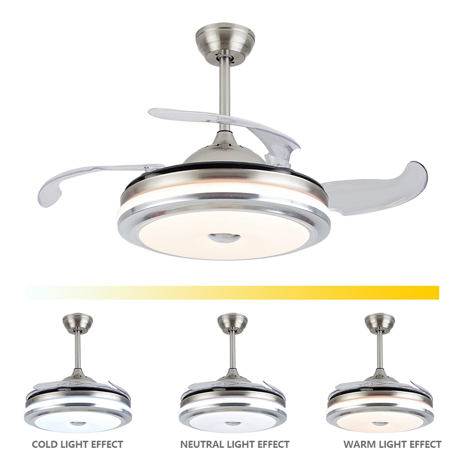 TFCFL 36 Inch Invisible Ceiling Fan with LED Light - Dimmable Modern Chandelier Fan with Remote Control & Retractable Blades, 3 Speed Settings & 3 Color Temperatures - Perfect for Living Room, Bedroom, Restaurant & Office Spaces