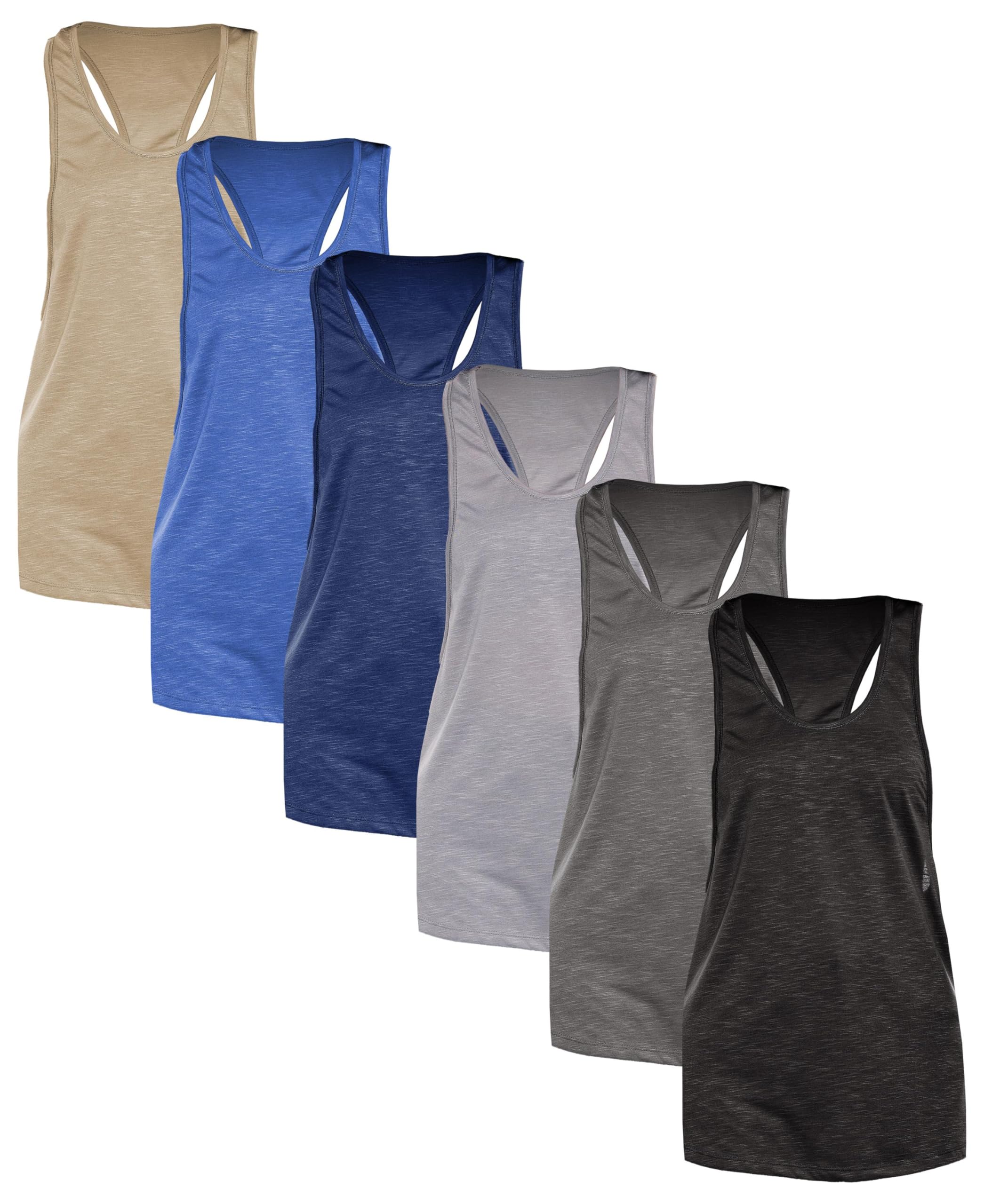 Sexy Basics Women's 6-Pack Active Sport Tank Tops - Racerback, Wide Armhole & Loose Fit for Workout, Yoga, Gym & Running | Breathable & Comfortable Athletic Wear