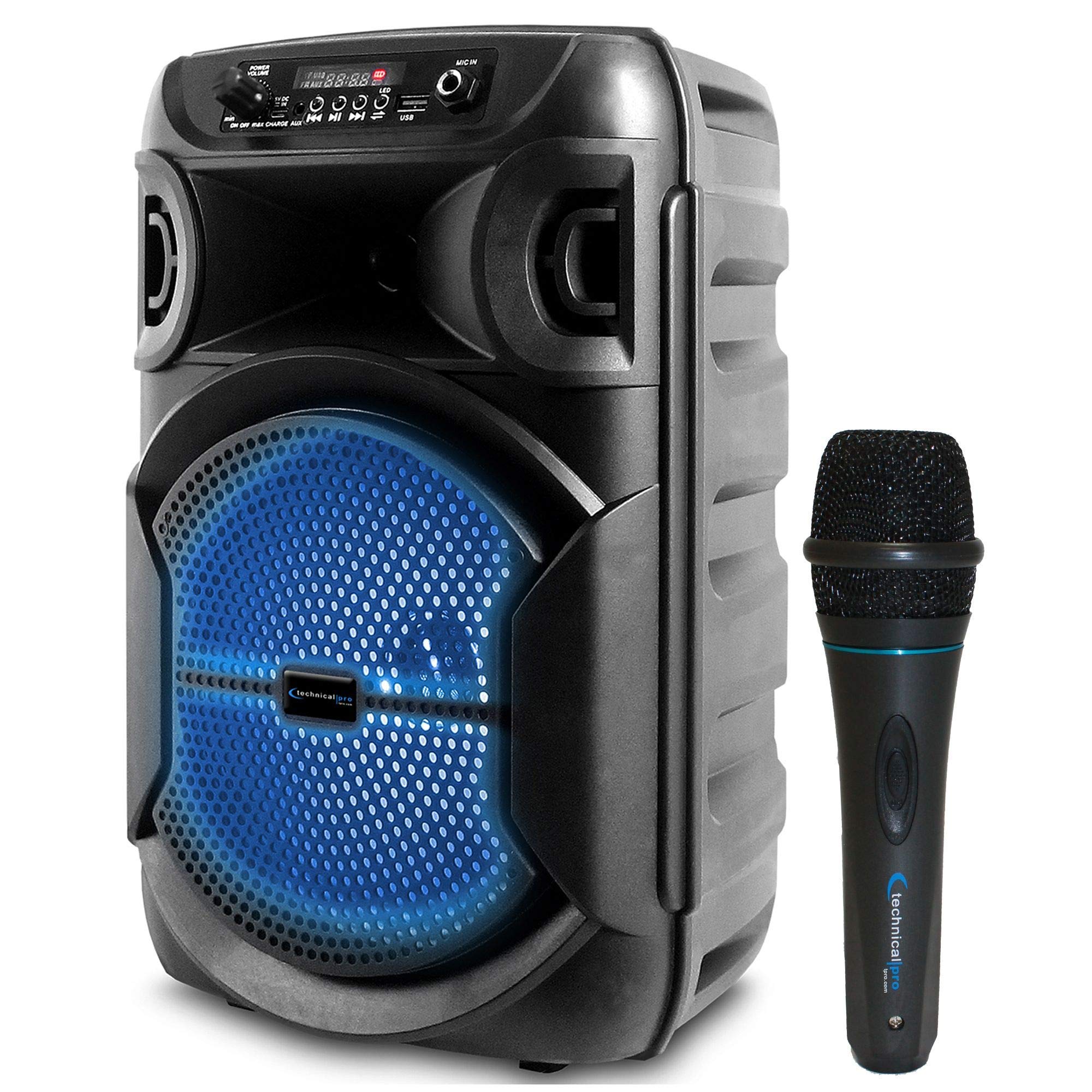 Technical Pro 8 Inch 1000W Portable Bluetooth Speaker with Woofer & Tweeter - Wireless Party Speaker with Built-in Karaoke Mic & XLR to 1/4