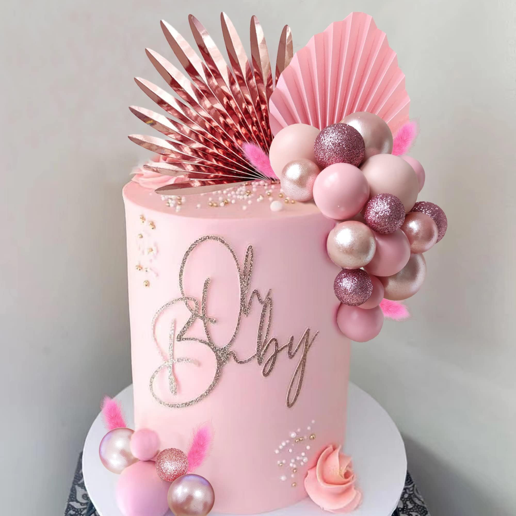 38 PCS Rose Gold Cake Toppers - Palm Leaves Ball Decorations for Birthday, Wedding, Baby Shower Party Supplies | Elegant Cake Decor for Desserts, Cupcakes & Special Events