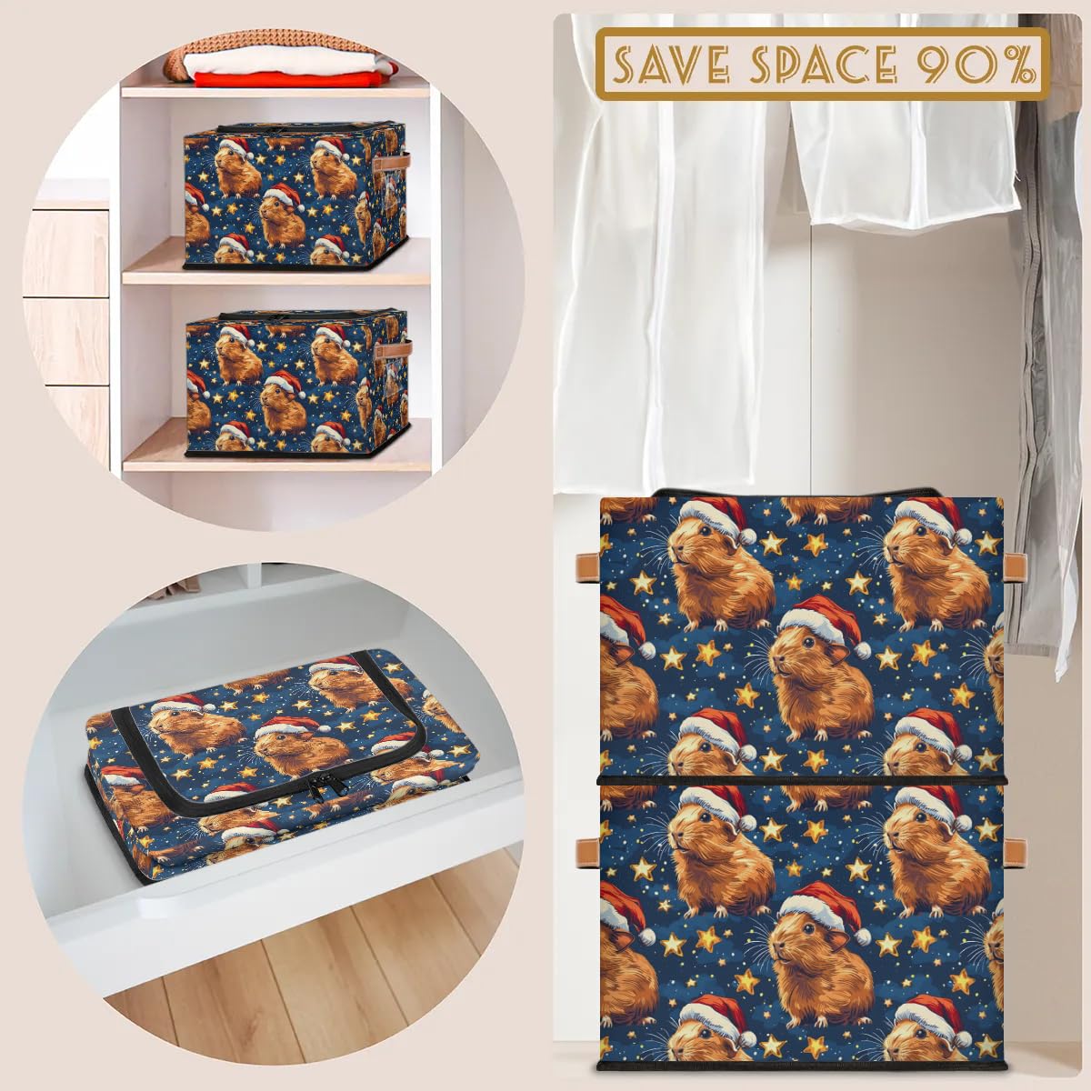 Cute Guinea Pig Storage Bins with Zipper Lid - Collapsible Foldable Stackable Clothes Organizer Containers with PU Leather Handles (23L, 2 Pack) - Perfect for Kids' Room, Closet Organization & Travel Storage