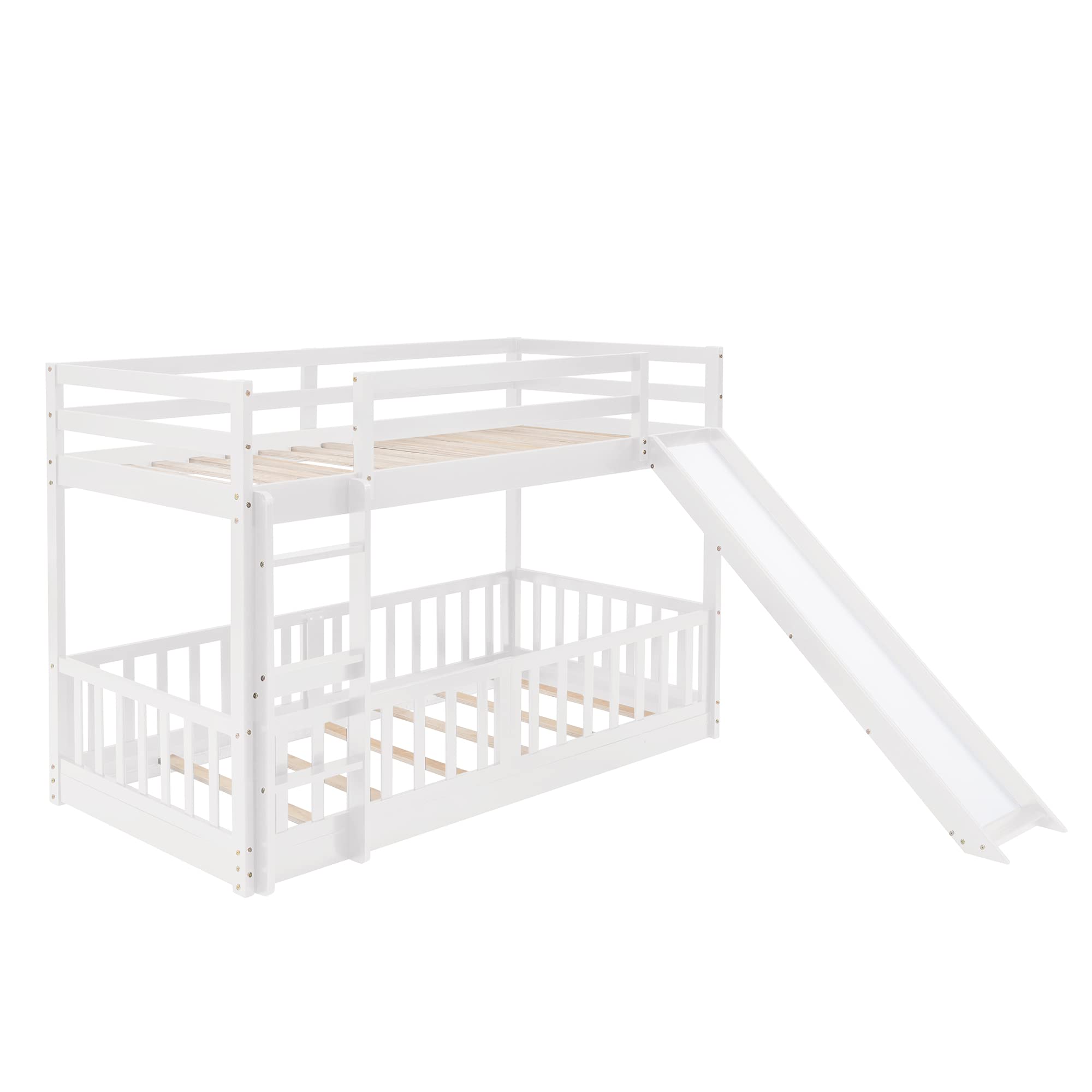 SOFTSEA Twin Over Twin Low Bunk Bed with Slide - Kids Wooden Bunk Bed with Safety Fence, Floor Bottom Bed & Wood Slats | Perfect for Small Rooms, Shared Kids Bedrooms & Play Areas