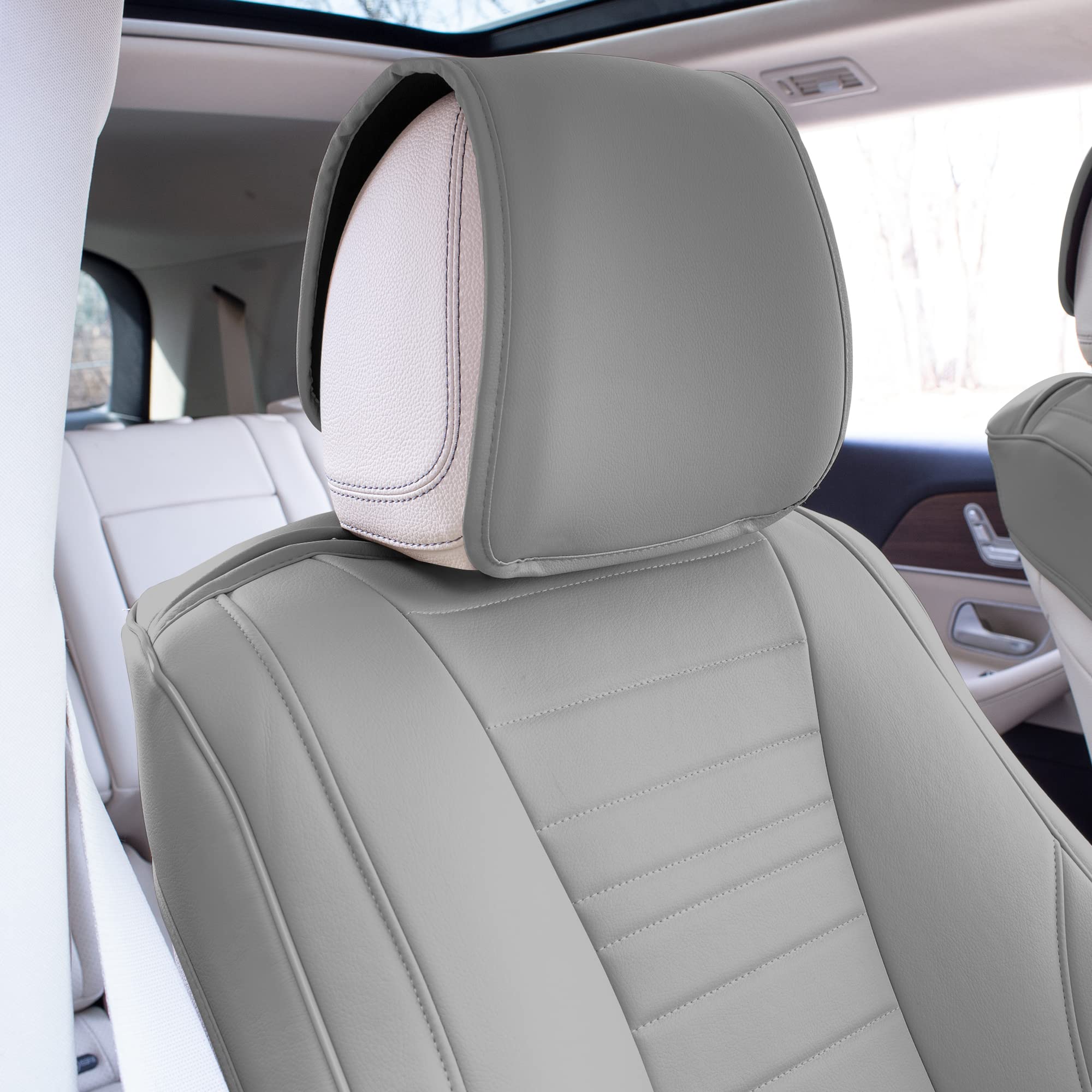 TLH Grande70 Luxe Faux Leather Gray Car Seat Cover Cushion - 2 Pack Waterproof Universal Fit Seat Covers for Cars, Trucks & SUVs | Sleek Pattern Design | Perfect for Daily Commute, Road Trips & Pet Protection