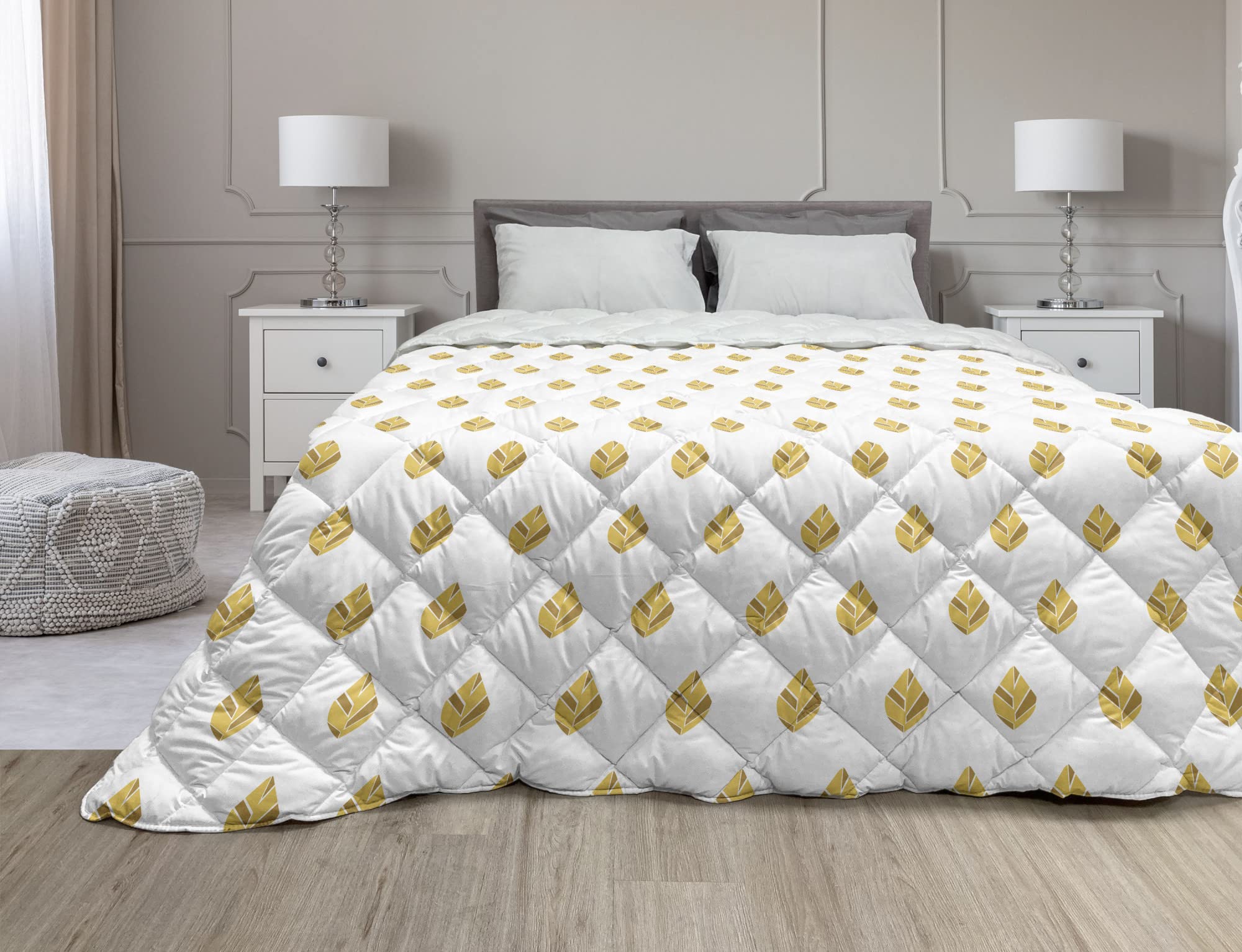 Ambesonne Queen Size Fall Down Alternative Comforter - Minimalist Botanical Leaf Design in Autumn Colors, All-Season Microfiber Quilt (White & Pale Coffee) for Bedroom Decor, Guest Room, Dorm, Hotel