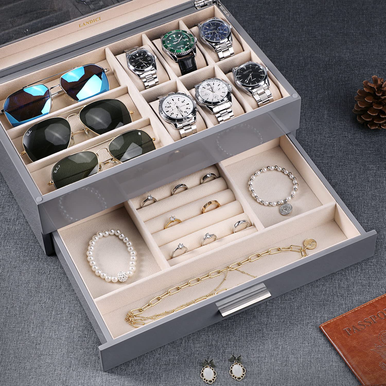 Premium 2-Layer PU Leather Watch Box Organizer for Men & Women - Large Jewelry Storage Case with Display Holder for Watches, Sunglasses, Bracelets, Necklaces & Rings (Grey & Apricot) - Perfect for Home, Office & Travel Organization