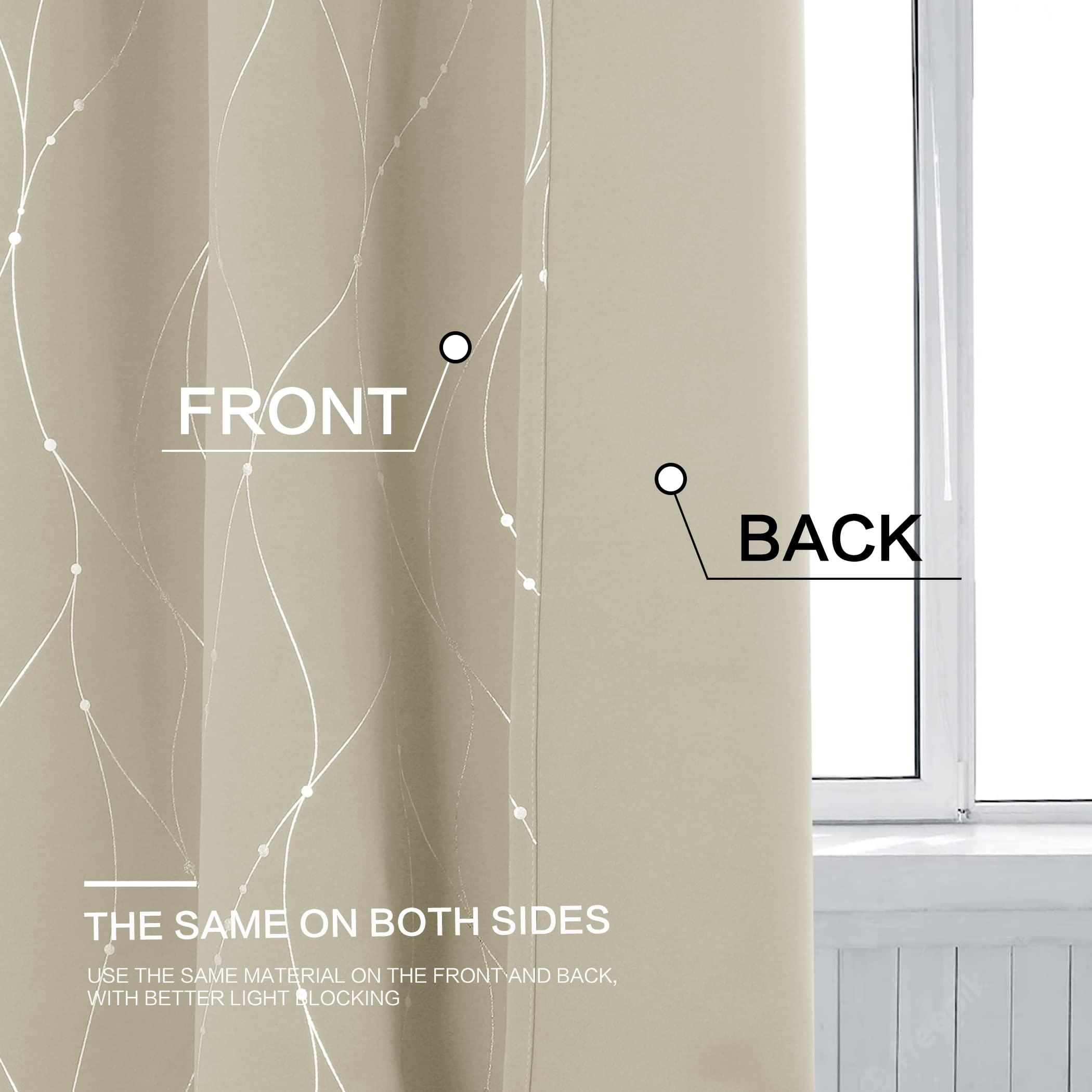BUHUA Beige Blackout Curtains 84 Inch Length - Thermal Insulated Drapes with Silver Foil Print for Bedroom, 38 x 84 Inches, Set of 2 Panels - Perfect for Light Blocking, Privacy & Energy Efficiency in Living Room or Nursery