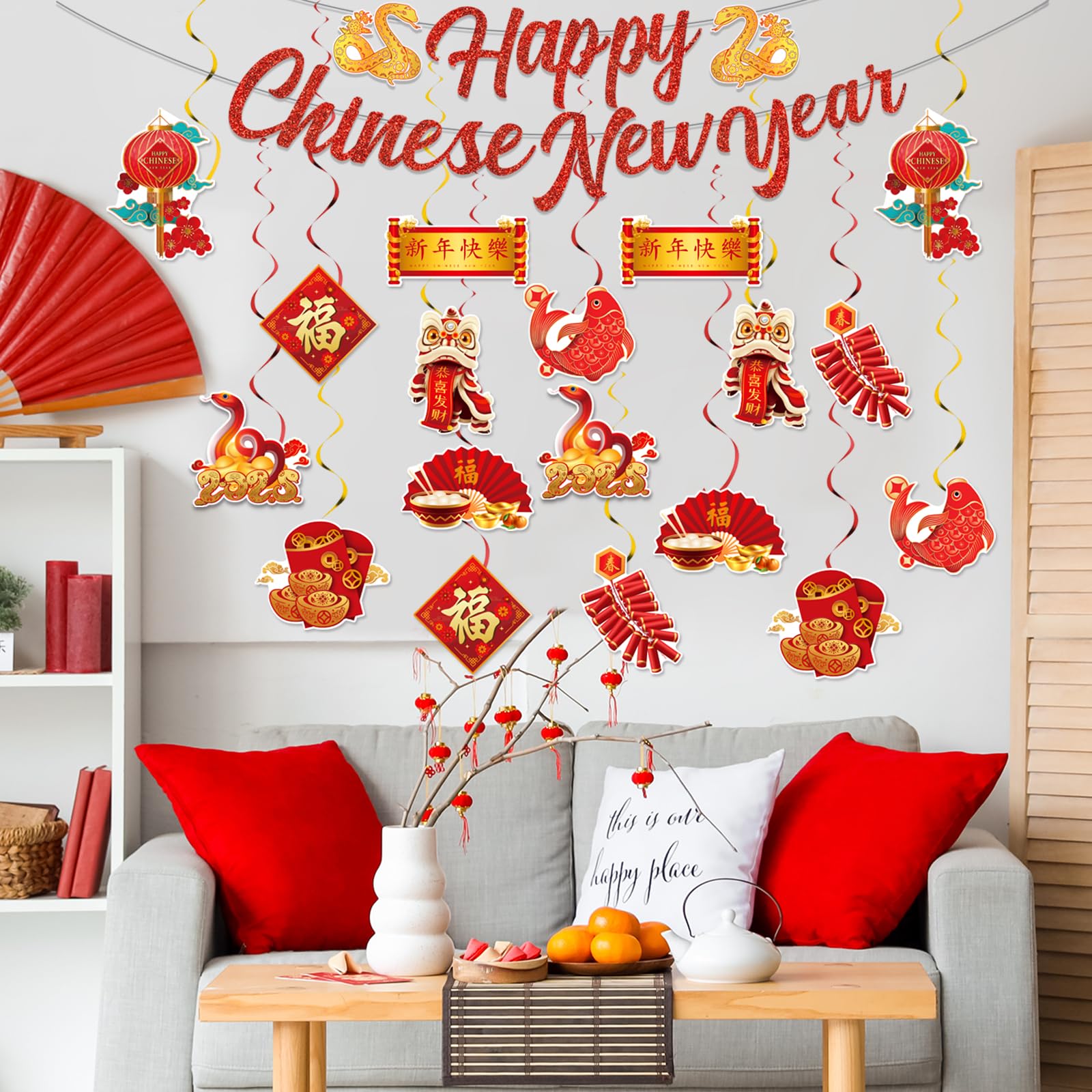 2025 Chinese New Year Snake Decorations - 19Pcs Red Lunar Spring Festival Hanging Swirls, Ceiling Ornaments for Home Party, Office & Restaurant Decoration | Year of the Snake Party Supplies