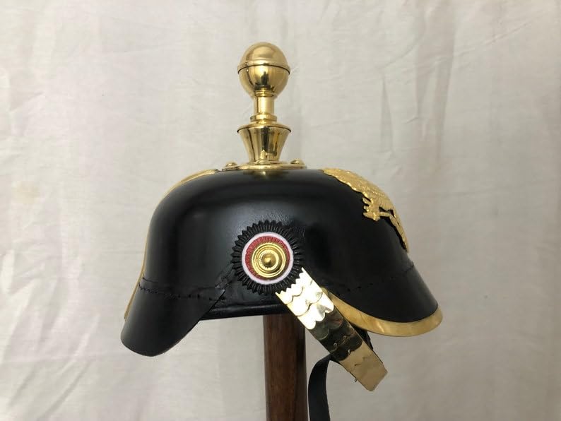 Authentic Black German Pickelhaube Helmet with Brass Badge - Prussian Military Helmet for LARP, Reenactment & Cosplay | Perfect Historical Costume Accessory & Unique Gift for Men | Great for Theater Performances, Halloween & WWI Events