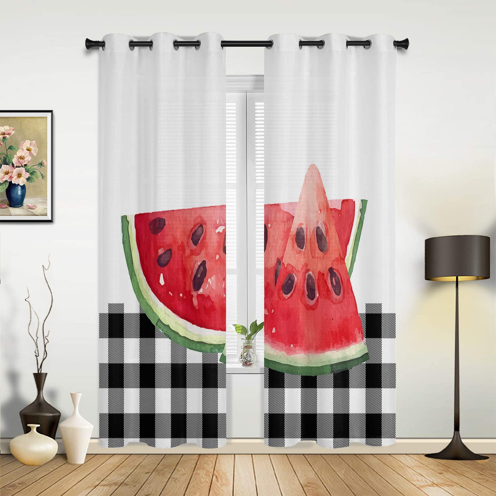 2 Panels 3D Printed Watermelon Fruit Blackout Curtains - Black & White Plaid Thermal Insulated Grommet Window Drapes (108x84 inches) for Bedroom, Living Room - Perfect for Summer Decor & Sun Protection