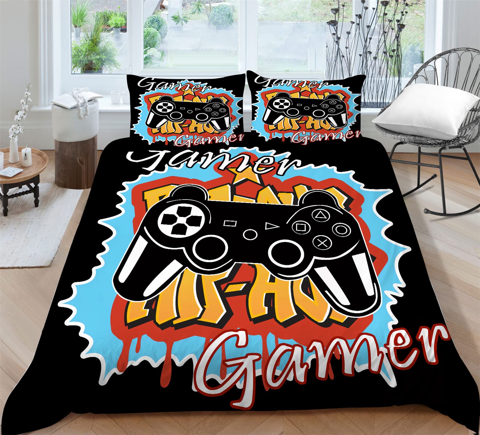 Gamer Bedding Set Twin Size - Soft Microfiber Comforter Cover with Pillowcase - Gaming Joystick Design Bedspread for Boys, Girls, Teens - Breathable & Stylish Room Decor - Perfect for Gaming Rooms, Kids' Bedrooms & Teen Dorm Decor