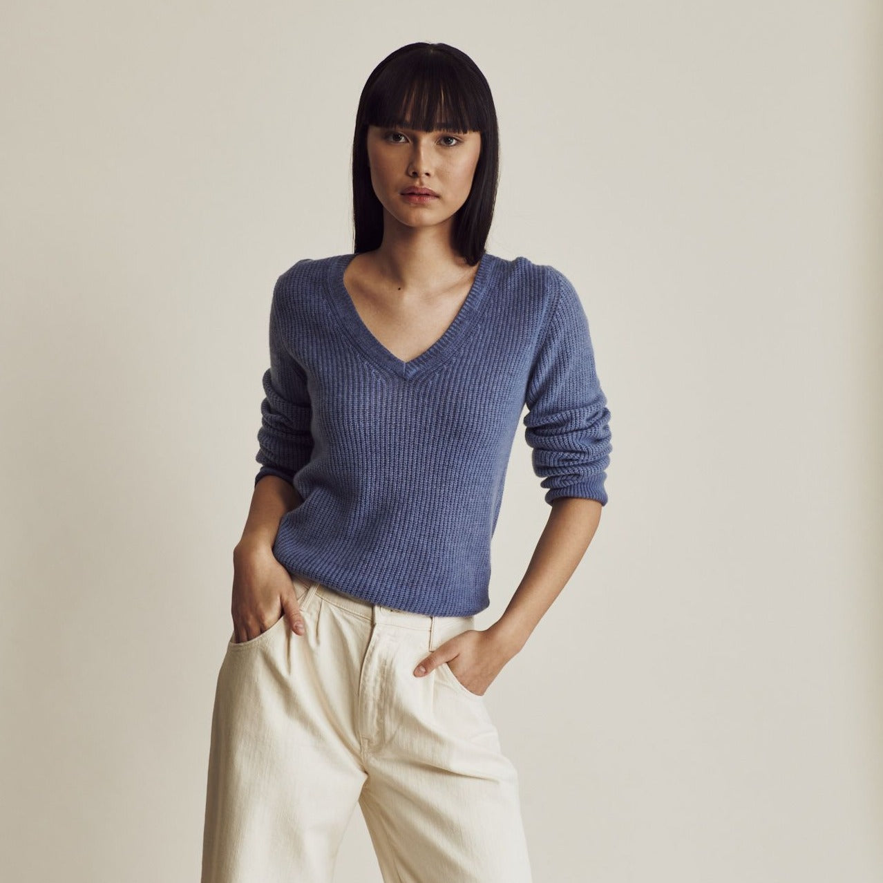 Blair Cashmere V-Neck Sweater for Women - Soft Indigo Blue Winter Pullover | Perfect for Office Wear, Date Nights & Holiday Outfits