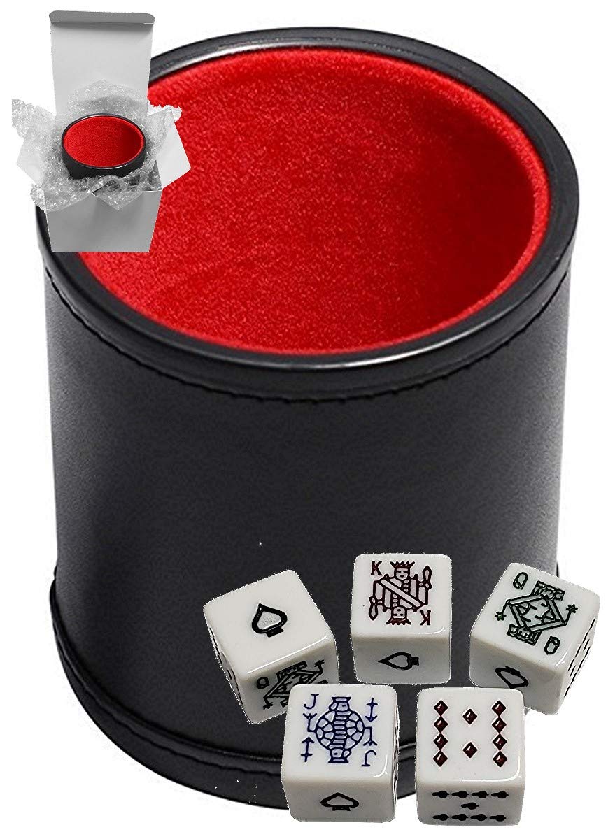 Premium Black PU Leather Dice Cup Set with Plush Red Felt Lining & White Square Corner Poker Dice - Perfect for Casino Nights, Poker Parties, and Family Game Nights (Gift Box Included)