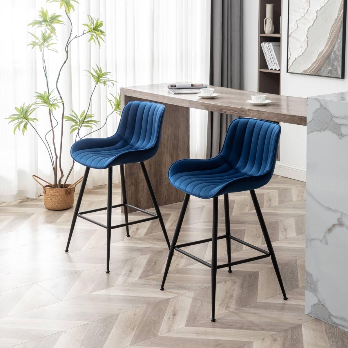 Luxury Bar Stools Set of 2 - 24 Inch Counter Height Upholstered Velvet Barstools for Kitchen Island, Home Bar & Pub | Blue Velvet Bar Chairs for Dining, Entertaining & Modern Decor