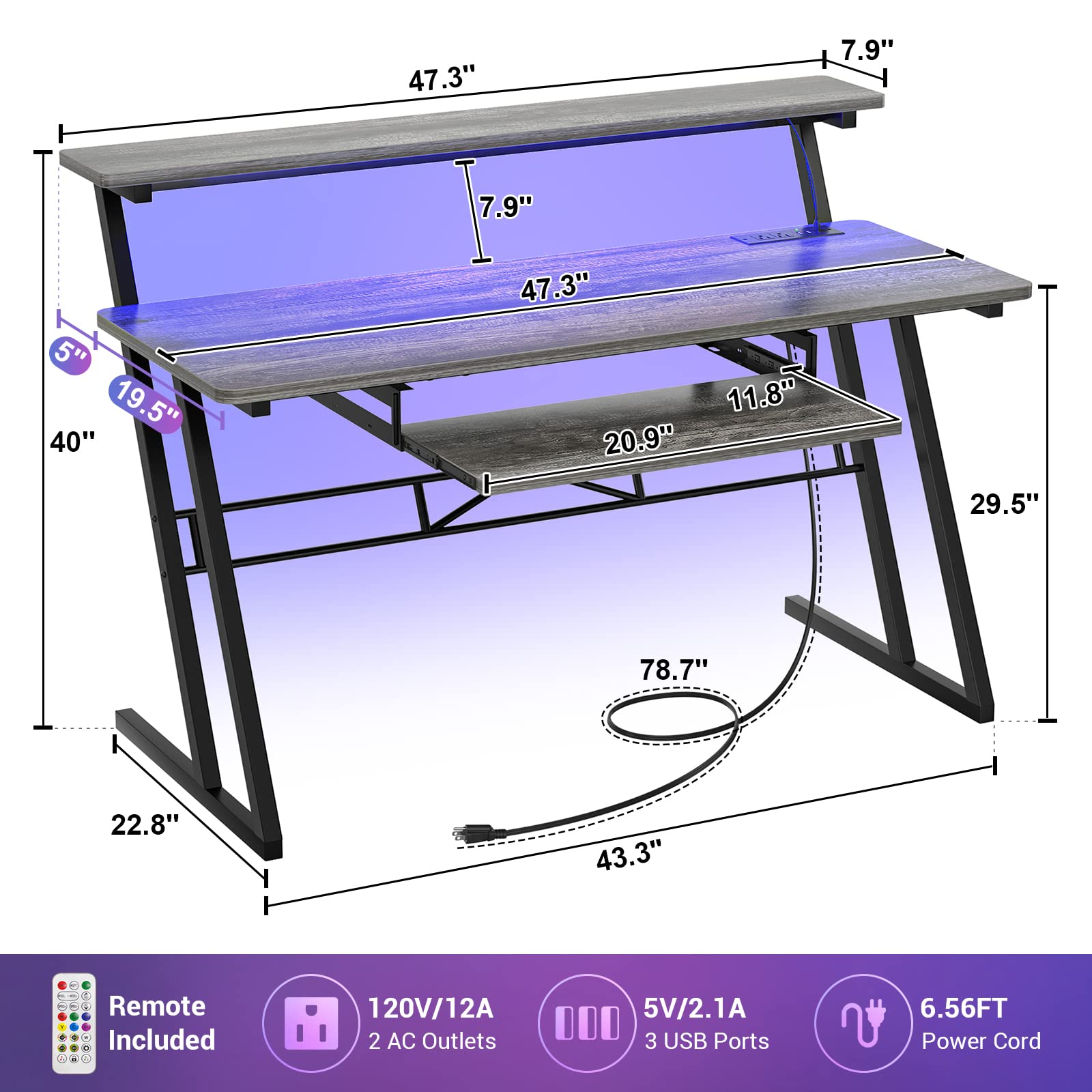 Armocity Music Studio Desk with Power Outlets & RGB LED Lights - Professional Recording Desk for Music Producers, Home Studio Workstation with Cable Management (Grey Oak) - Perfect for Home Studios, Podcasting & Music Production
