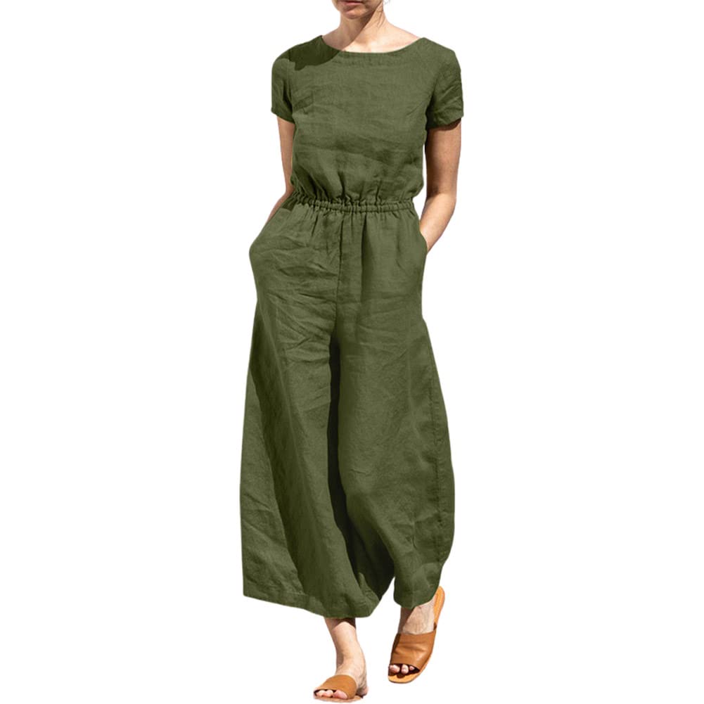 Women's Summer Short Sleeve Casual Wide Leg Jumpsuit with Elastic Waist & Pockets - Breathable Loose Fit Romper for Beach, Vacation & Everyday Wear