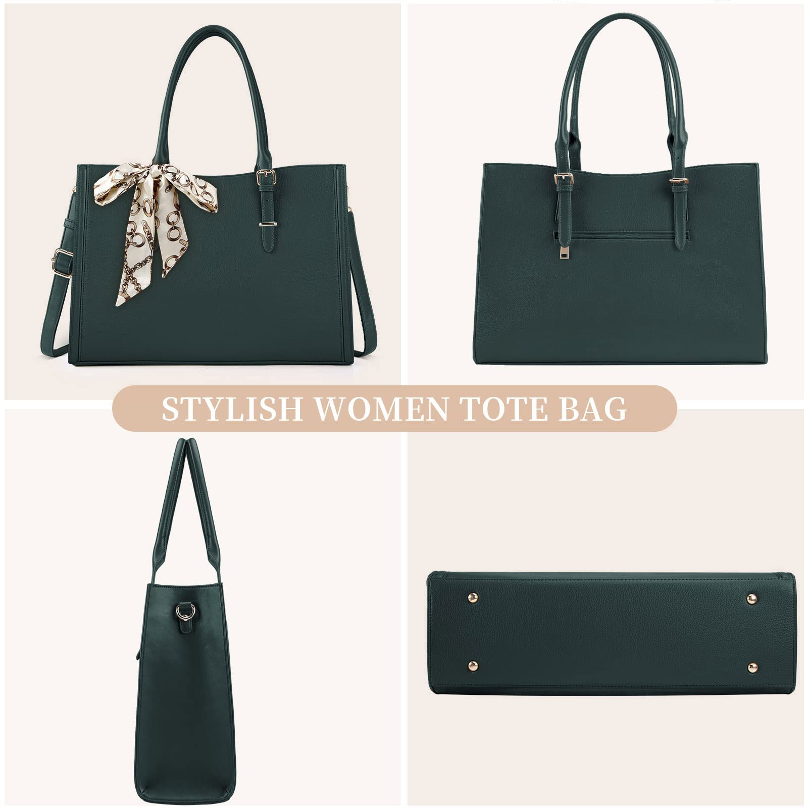 Stylish 15.6 Inch Leather Laptop Tote Bag for Women - Waterproof Work Bag with Shoulder Strap - Perfect for Office, Business Travel & Daily Commute - Elegant Green Handbag for Professionals & Students
