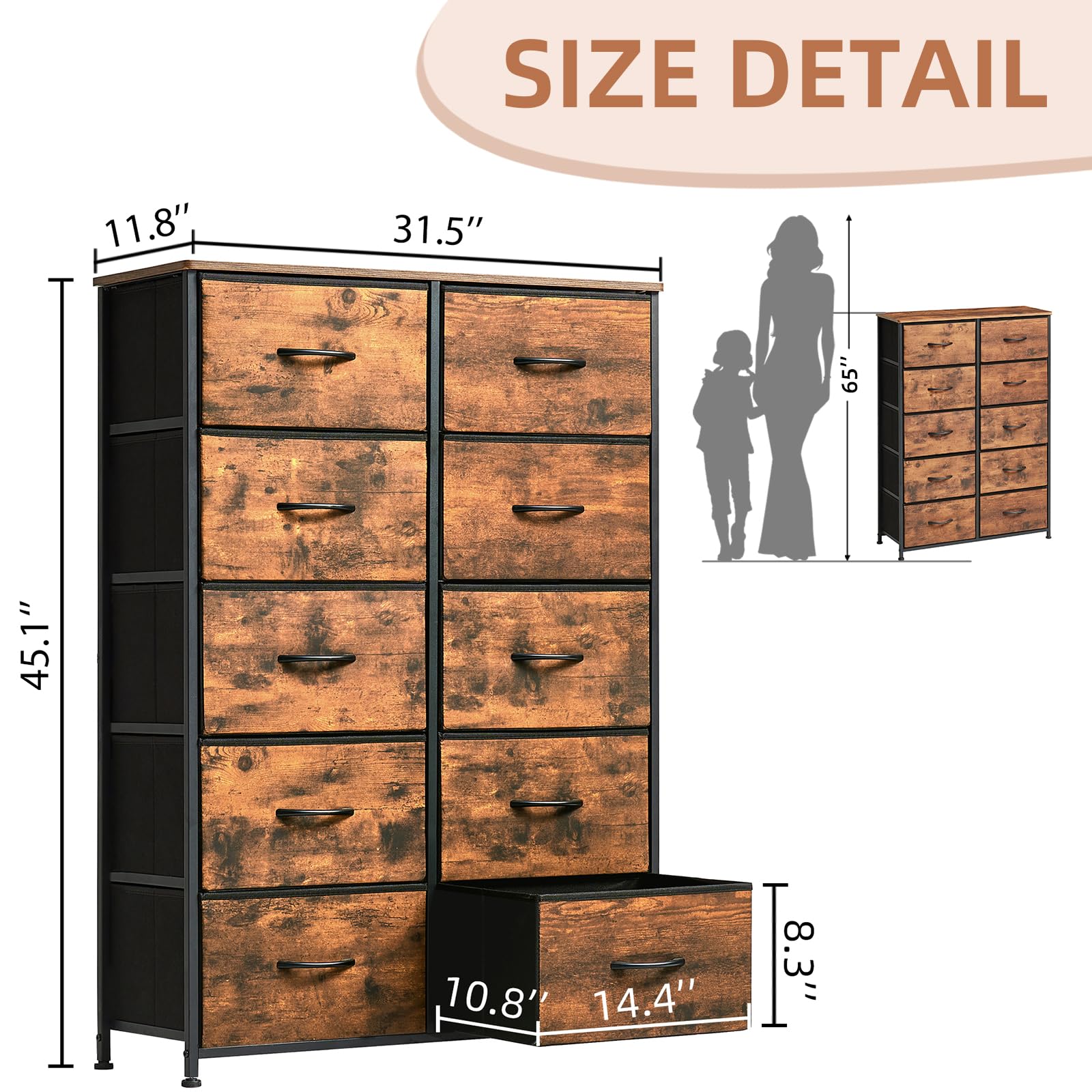Somdot 10-Drawer Tall Dresser for Bedroom - Wood Grain Print Storage Organizer with Fabric Bins - Perfect for Closet, Nursery, Living Room, Laundry & Entryway Organization