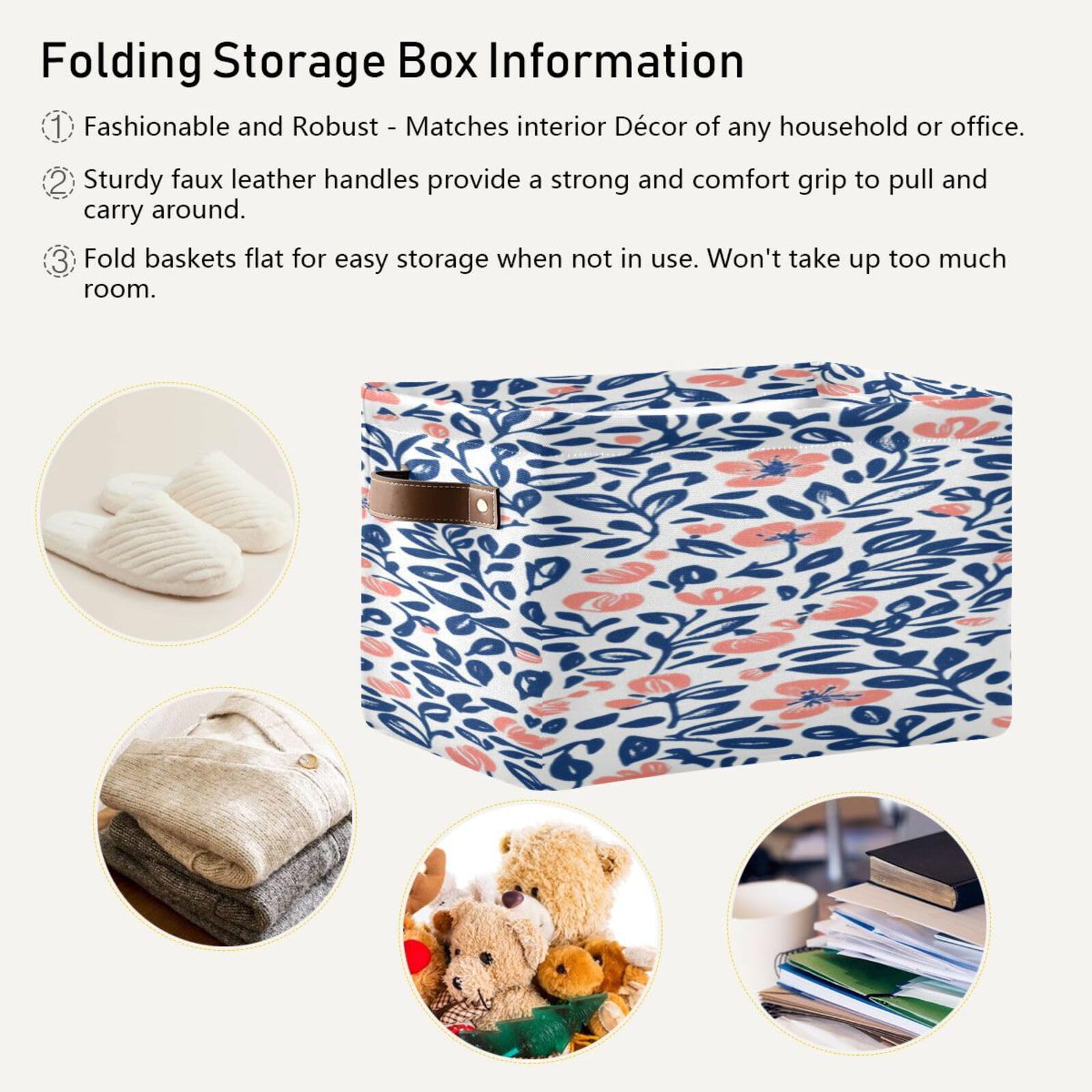 Large Foldable Storage Baskets with Handles - 2 Pack Coral Bouquet Organizing Bins for Closet, Shelves & Home Organization | Perfect for Bedroom, Bathroom & Kids Room Storage