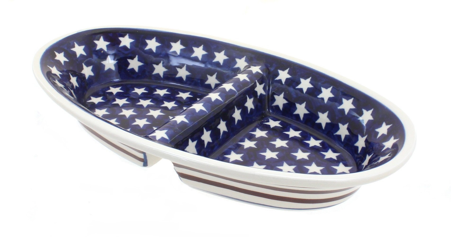 Handmade Blue Rose Polish Pottery Stars & Stripes Divided Serving Dish - Perfect for Holidays, Parties & Home Decor