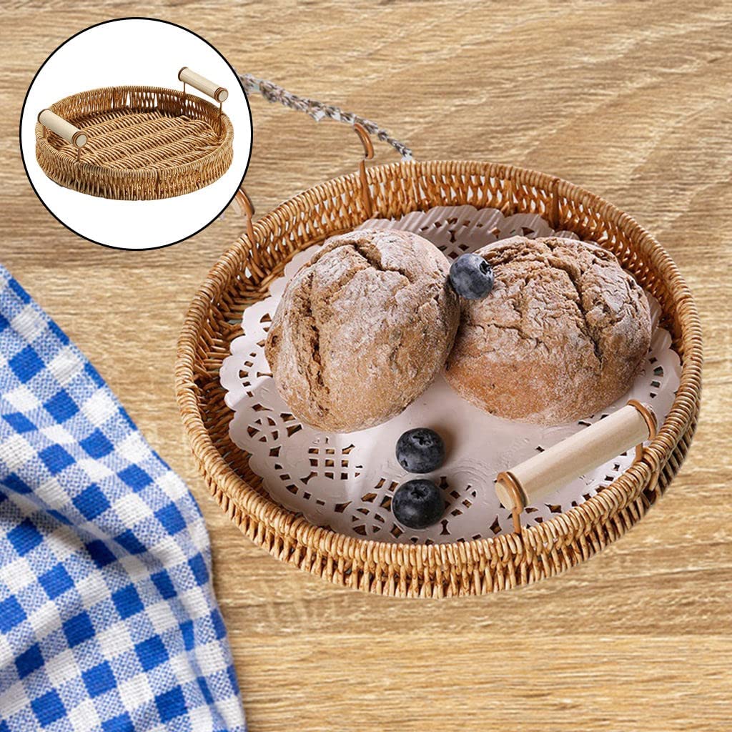 Hand-Woven Wicker Rattan Serving Tray with Handles - 24cm Round Storage Basket for Bread, Fruits, Snacks & Breakfast - Perfect for Kitchen Organization, Dining Table Decor & Picnic Serving